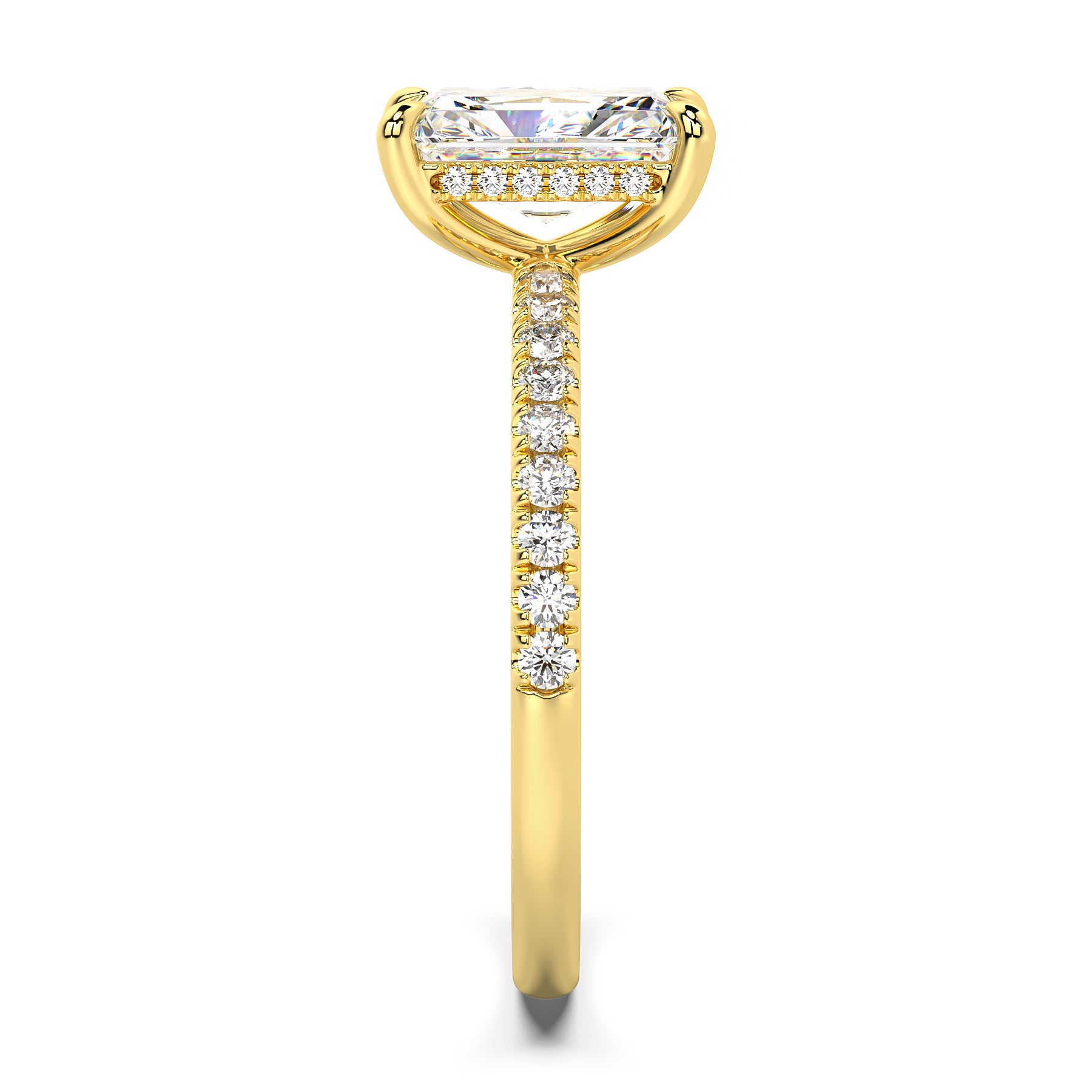 MOHSTEN JEWELLERS, Aspen radiant diamond solitaire engagement ring with diamond band and hidden halo, , yellow gold, side view