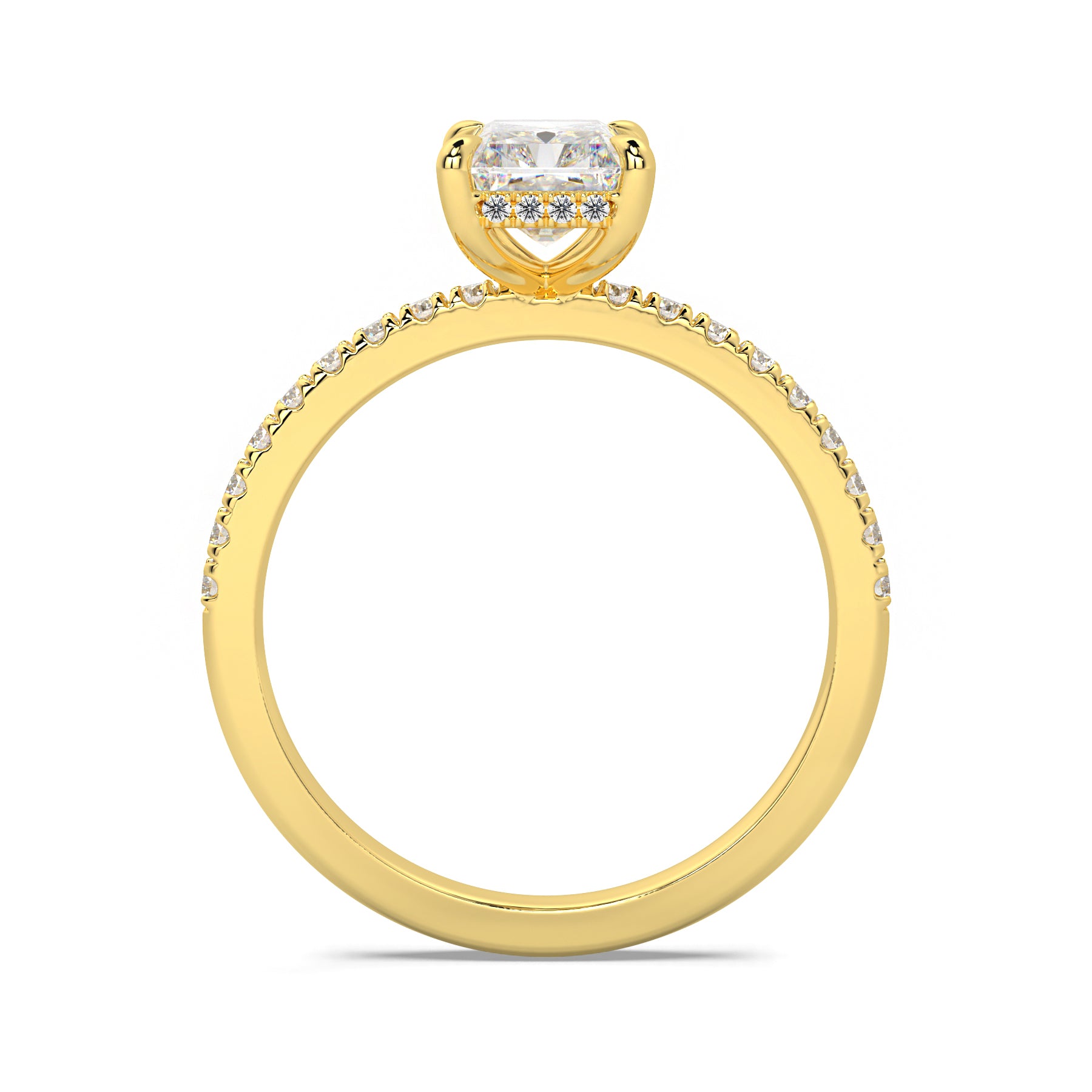 MOHSTEN JEWELLERS, Aspen radiant diamond solitaire engagement ring with diamond band and hidden halo, , yellow gold, through finger view
