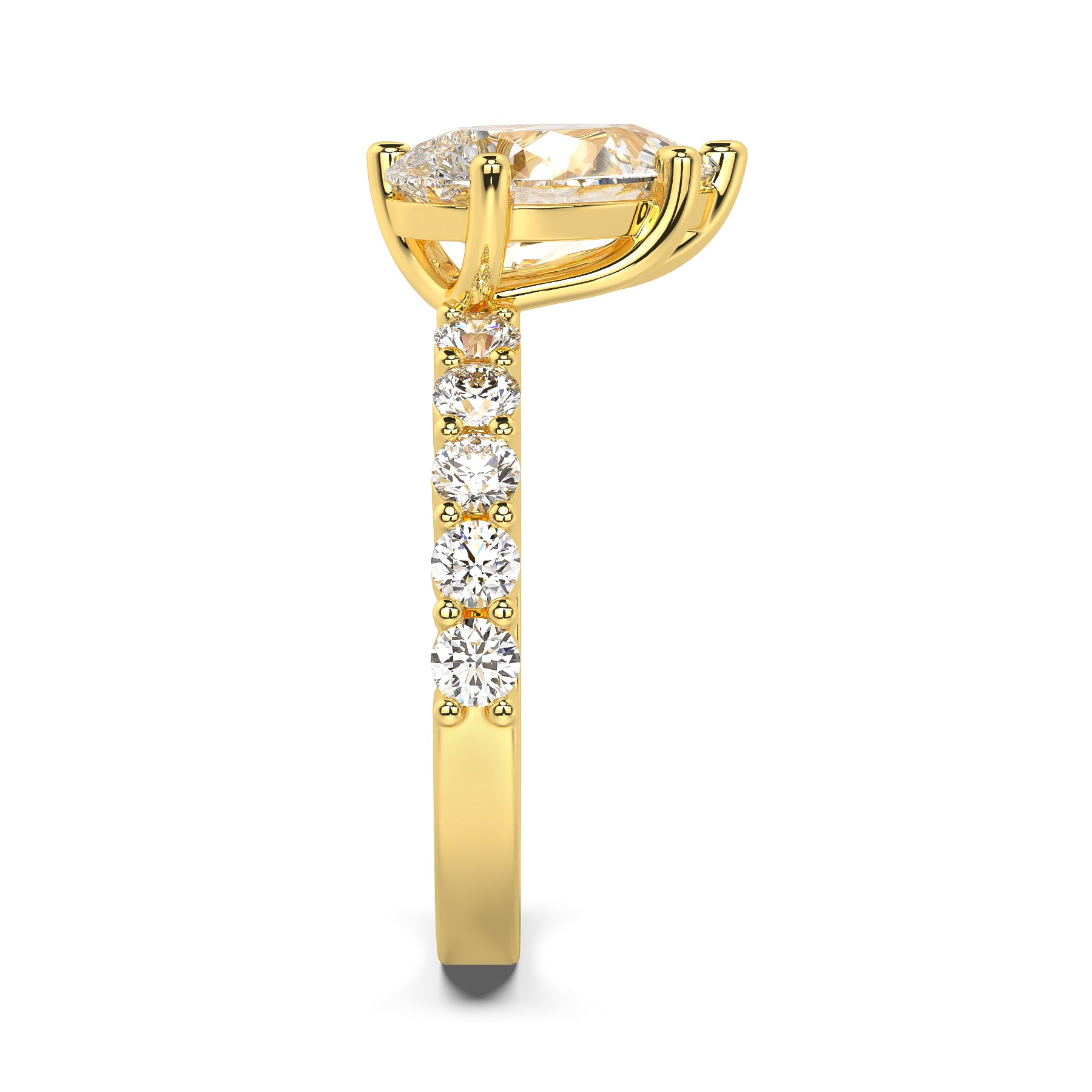 MOHSTEN JEWELLERS, MARBELLA off-set pear diamond solitaire engagement ring - yellow gold - side view