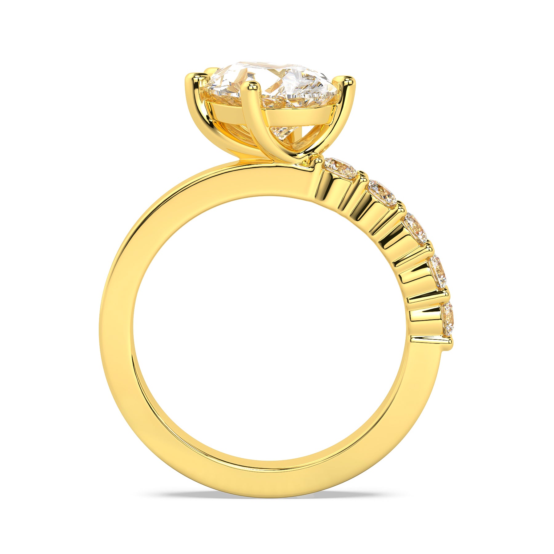 MOHSTEN JEWELLERS, MARBELLA off-set pear diamond solitaire engagement ring - yellow gold - through finger view