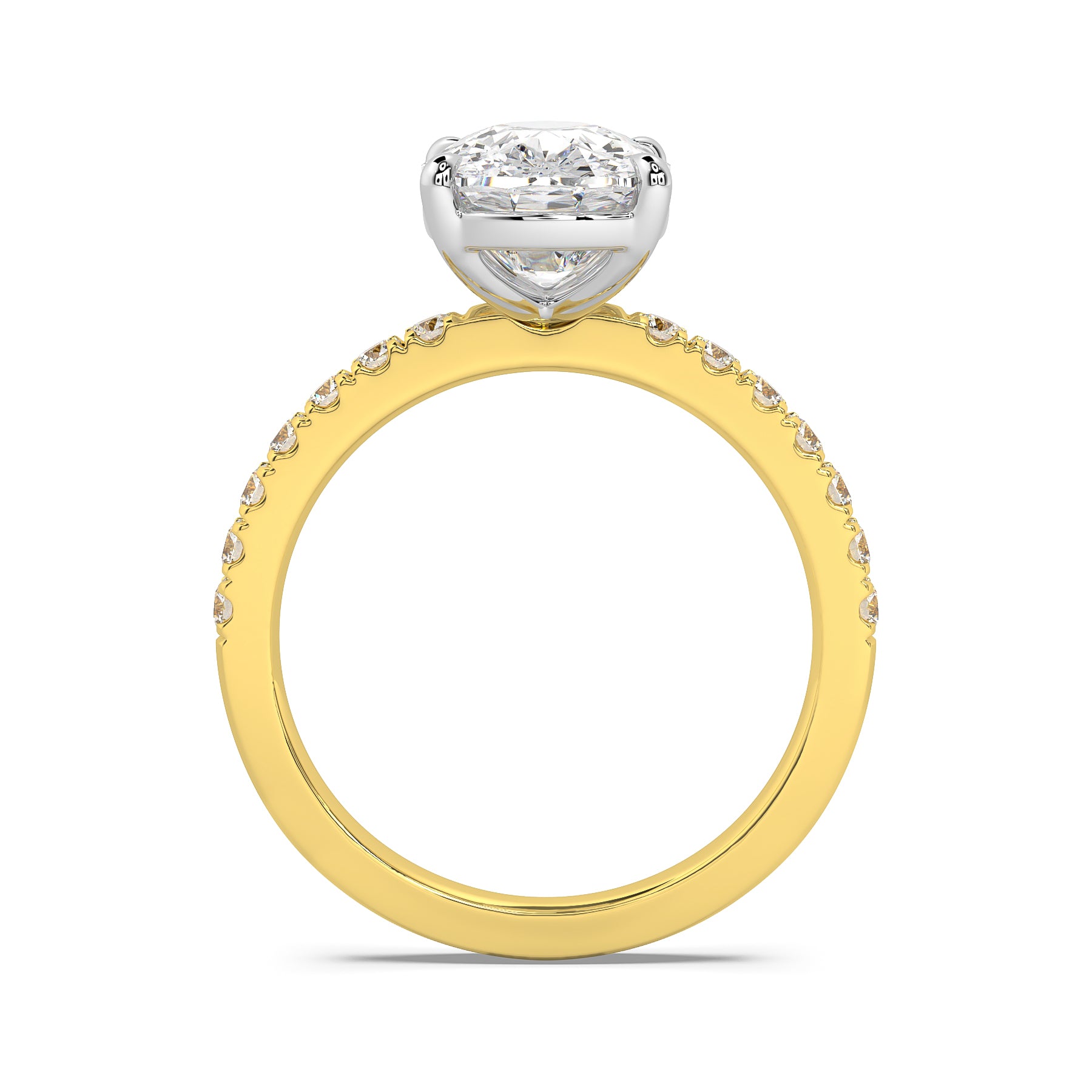 MOHSTEN JEWELLERS, Manilla elongated cushion cut diamond four claw solitaire with diamond band engagement ring , yellow gold, - through finger view