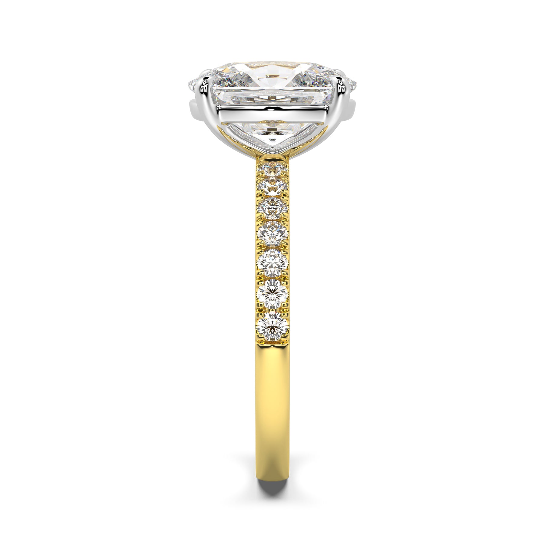 MOHSTEN JEWELLERS, Manilla elongated cushion cut diamond four claw solitaire with diamond band engagement ring , yellow gold, side view