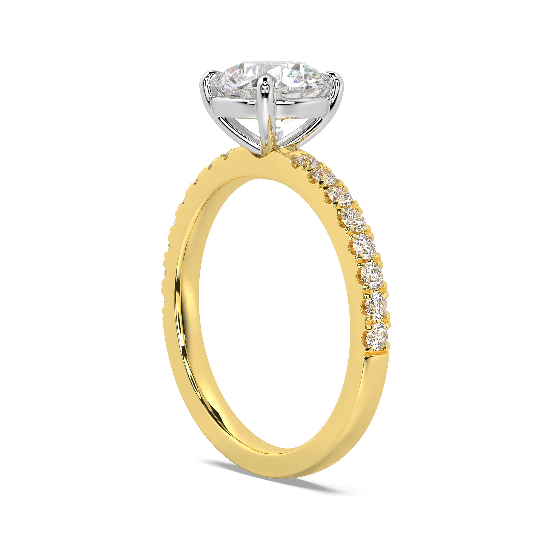 MOHSTEN JEWELLERS, Manilla round brilliant diamond four claw solitaire engagement ring , yellow gold, side angle view