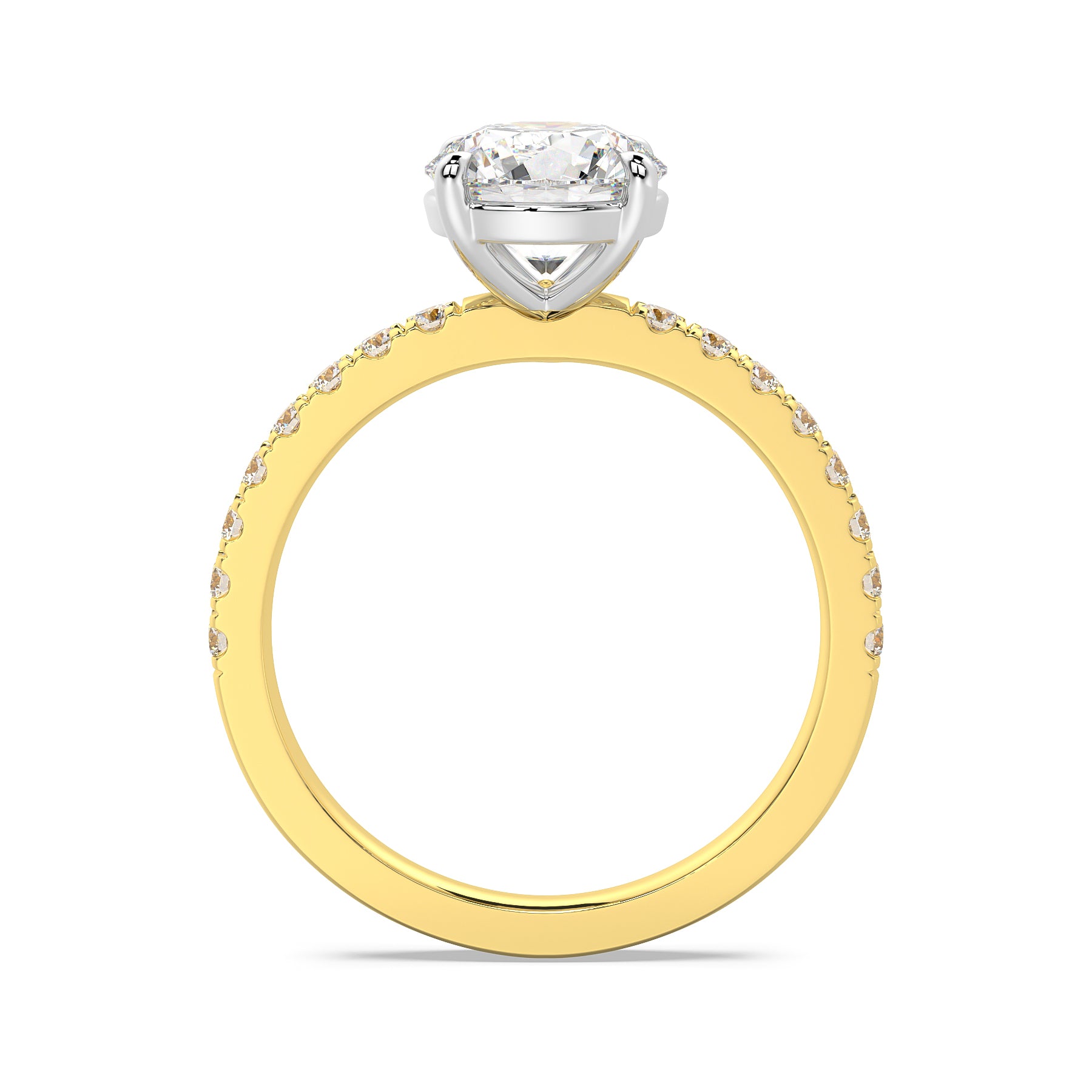 MOHSTEN JEWELLERS, Manilla round brilliant diamond four claw solitaire engagement ring , yellow gold, through finger view