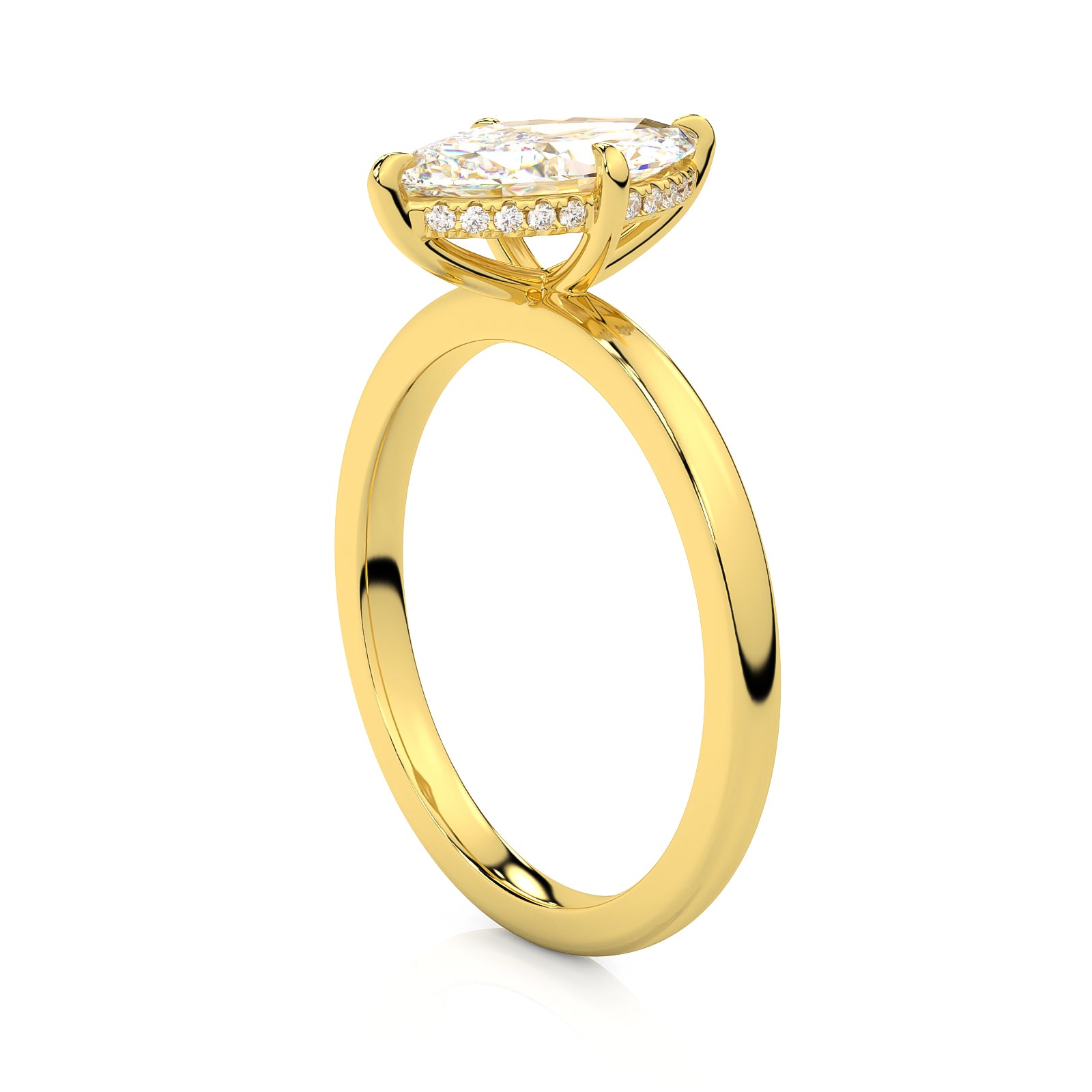 MOHSTEN JEWELLERS, Niseko Marquise diamond solitaire engagement ring with hidden halo. yellow gold. side angle view