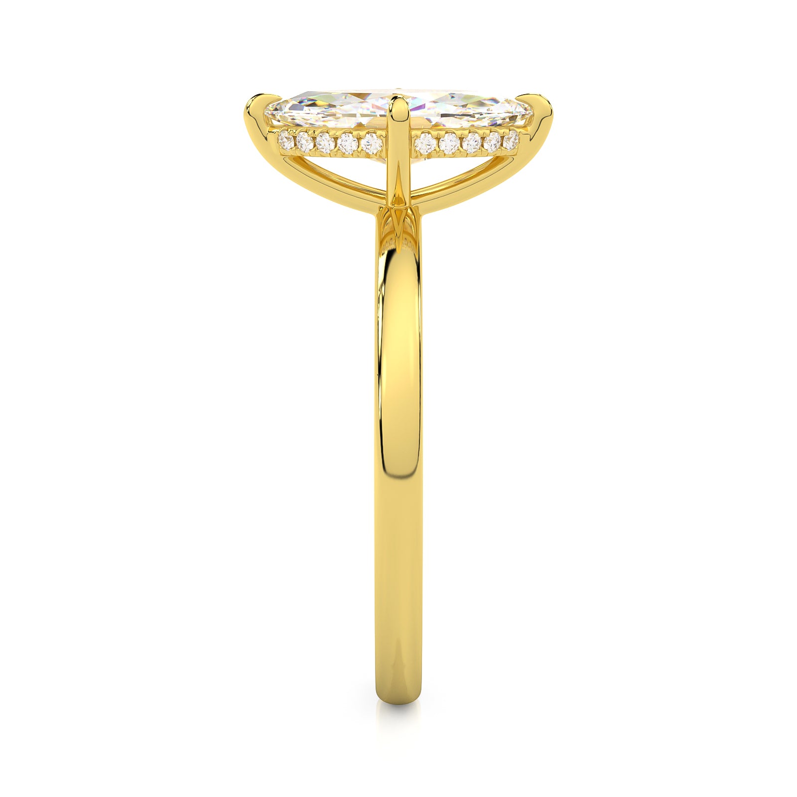MOHSTEN JEWELLERS, Niseko Marquise diamond solitaire engagement ring with hidden halo. yellow gold. side view