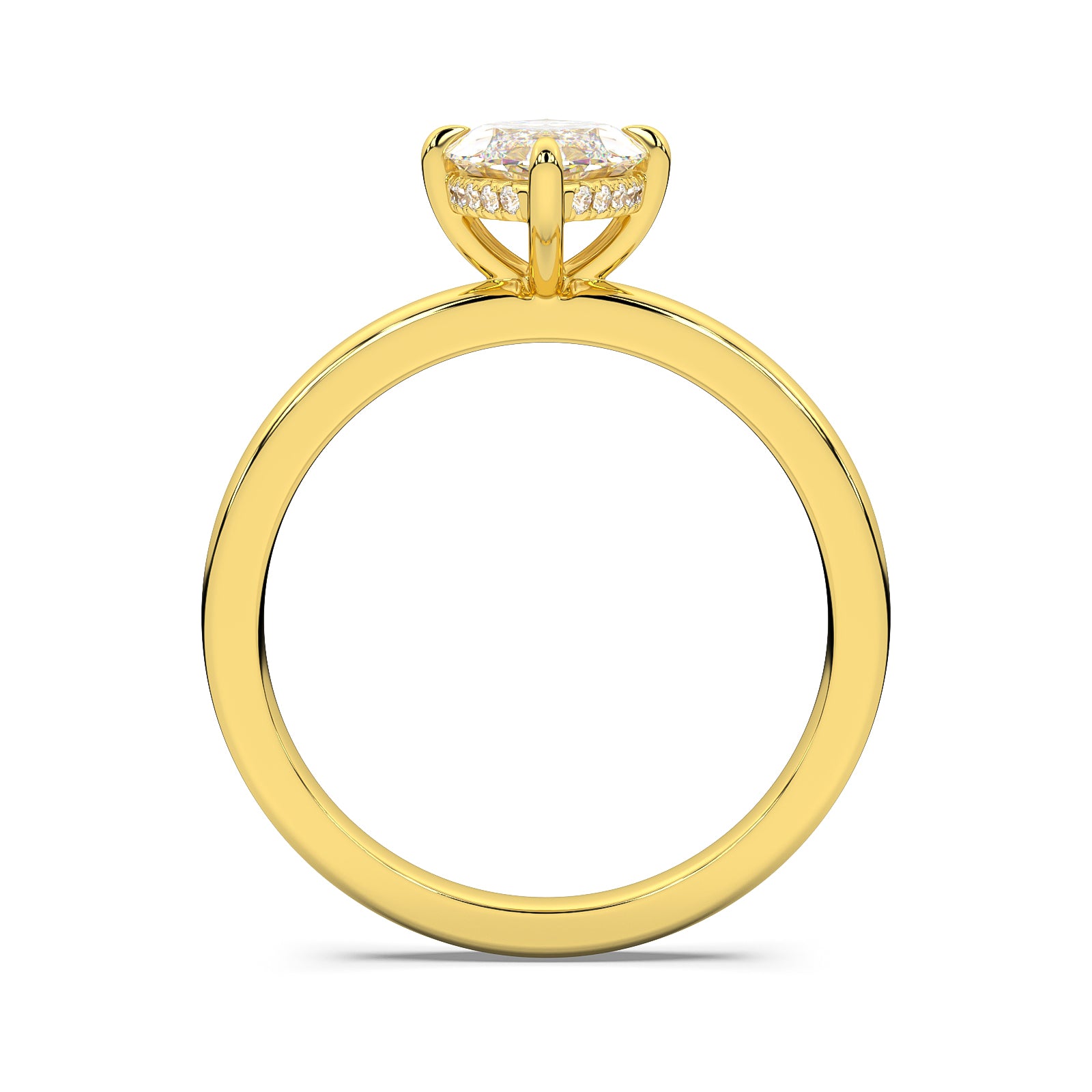 MOHSTEN JEWELLERS, Niseko Marquise diamond solitaire engagement ring with hidden halo. yellow gold. through finger view