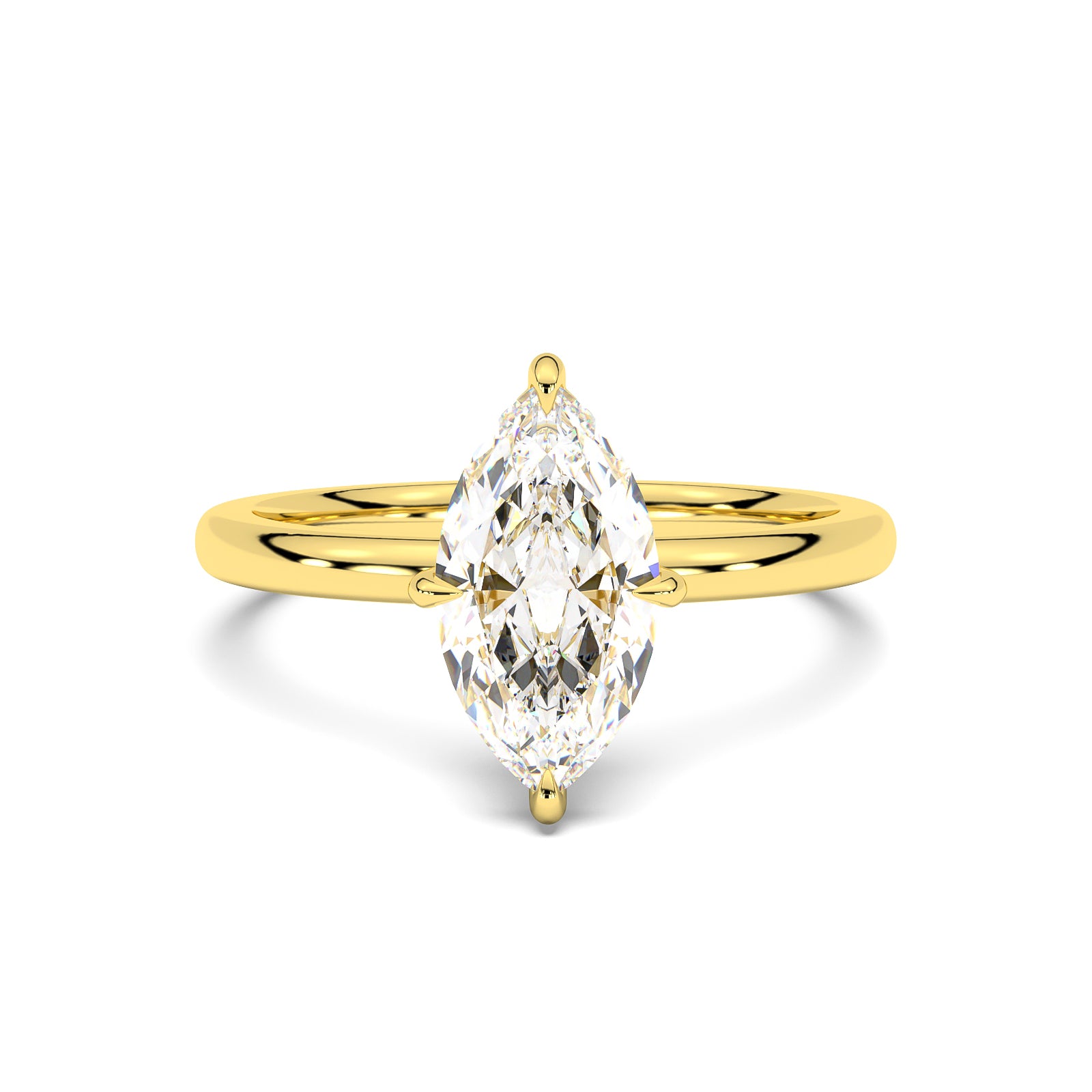 MOHSTEN JEWELLERS, Niseko Marquise diamond solitaire engagement ring with hidden halo. yellow gold. top view