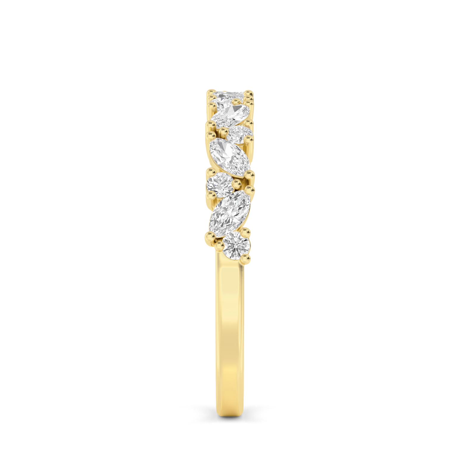 Aoraki Marquise & Round Diamond Band in 18ct yellow Gold, tick-tack marquise and round diamond setting. Side view