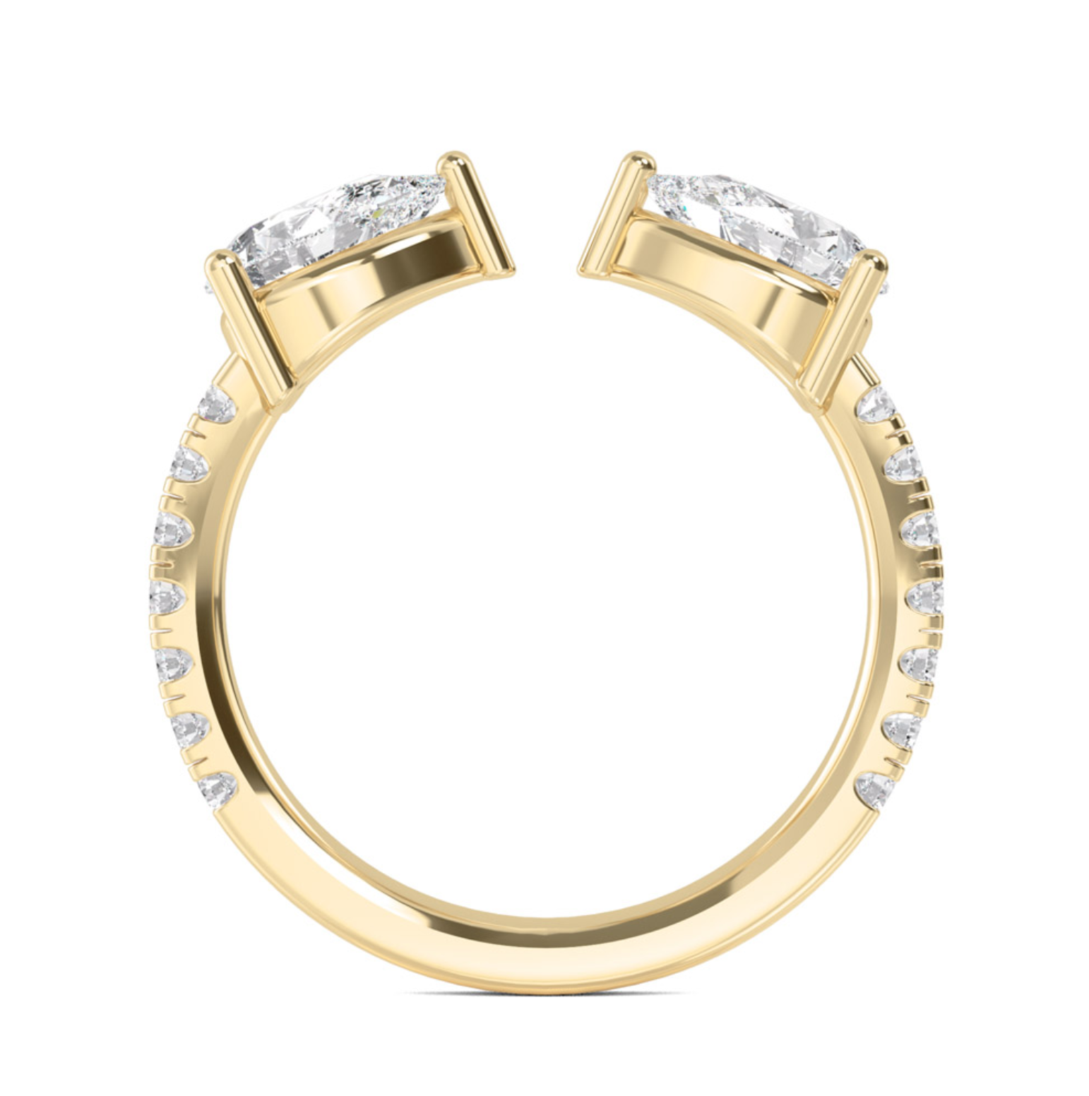 Tasman Open Pear Band with two lab-grown pear cut diamonds and round brilliant accents in 18ct gold, open band design, 1.28ctw total through finger view