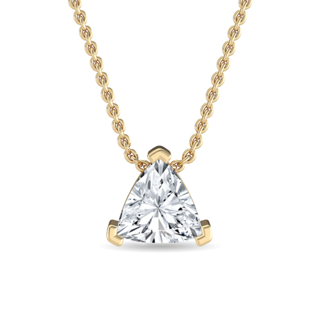 1.00 ct trillion-cut diamond necklace in three-claw setting on 18 ct gold chain against white background