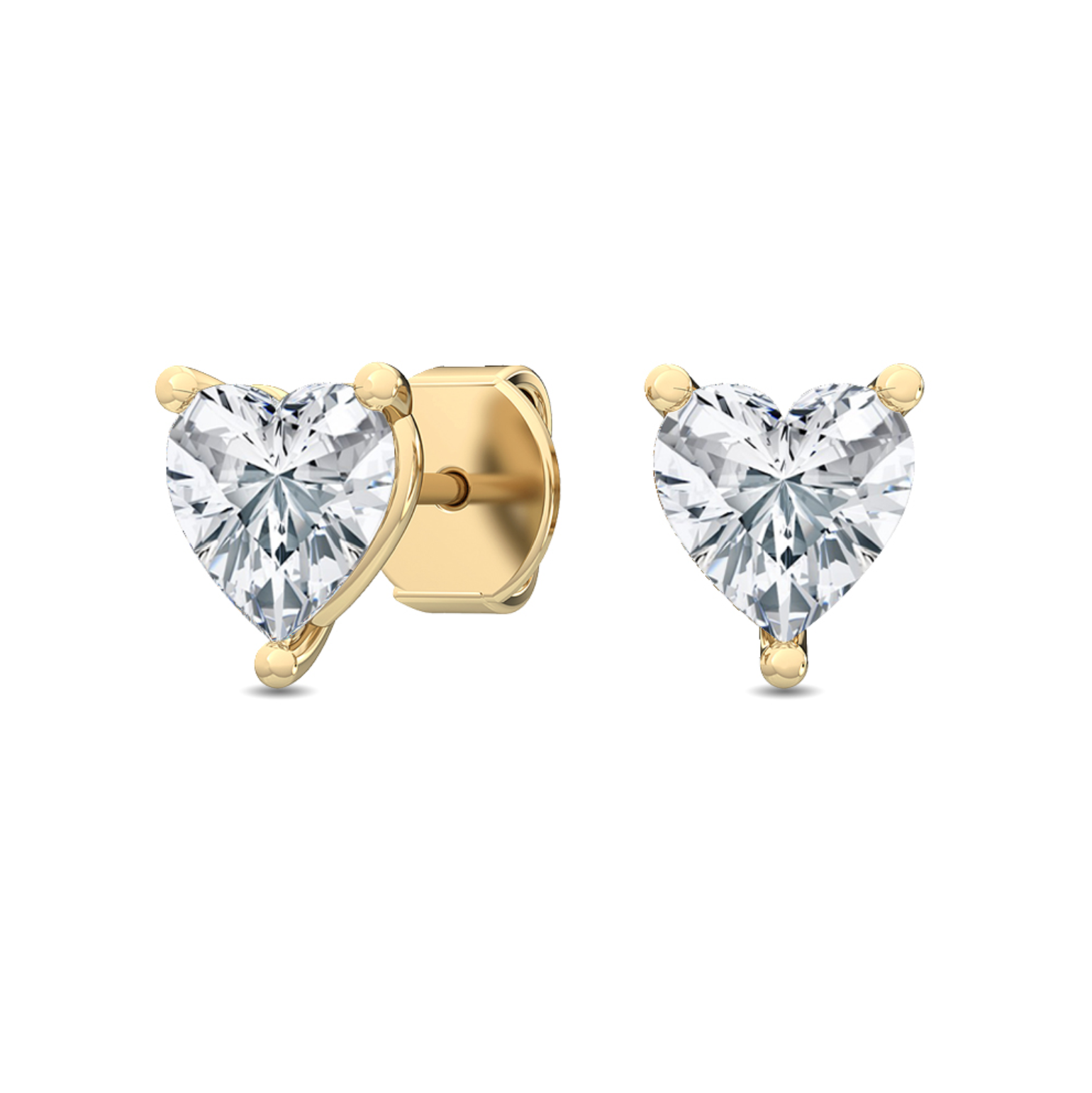 Close-up detail of heart cut diamond and polished setting in 18ct white gold with butterfly back.
