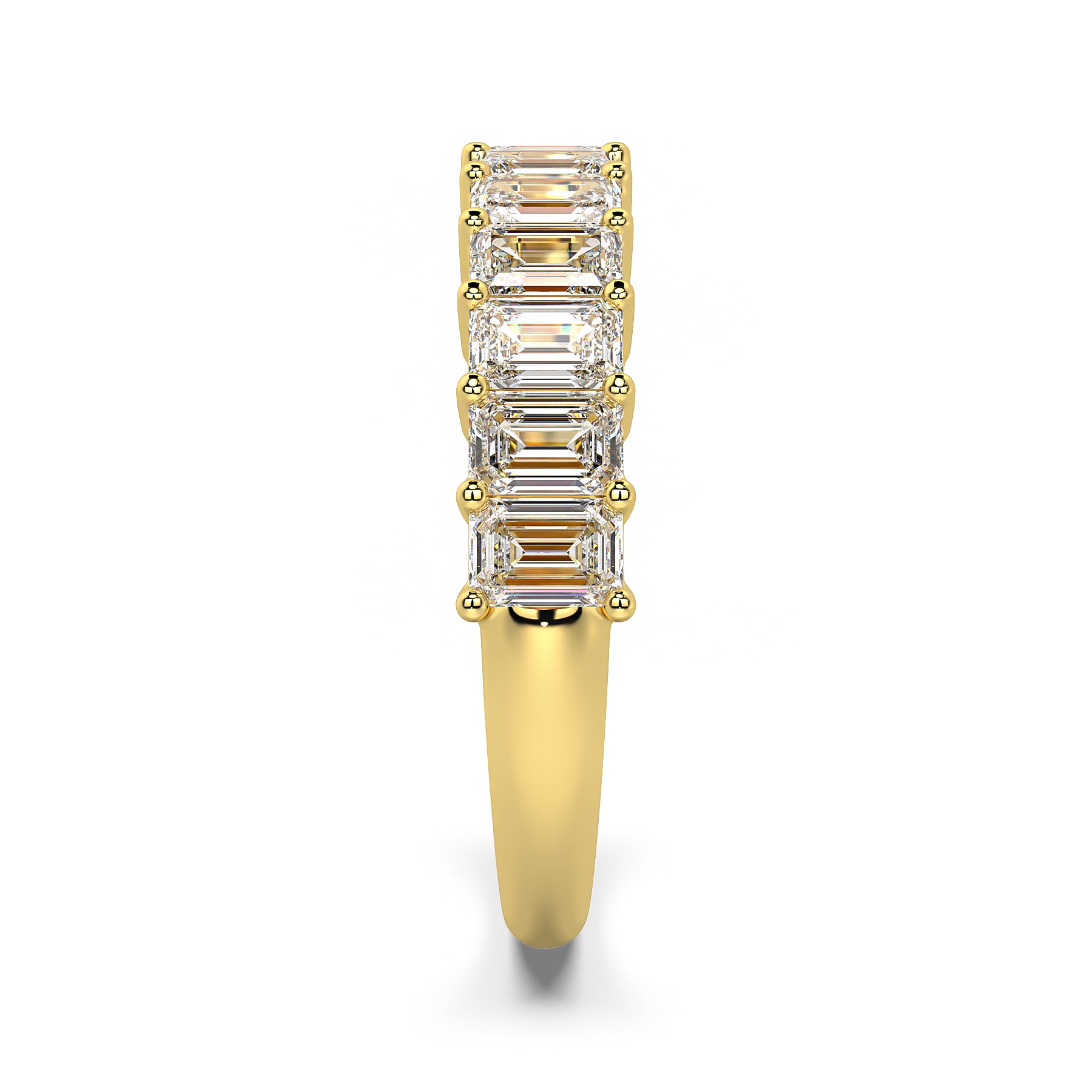 Emerald Cut Diamond Band in 18ct Yellow Gold with lab grown emerald cut diamonds, shared claw setting side view