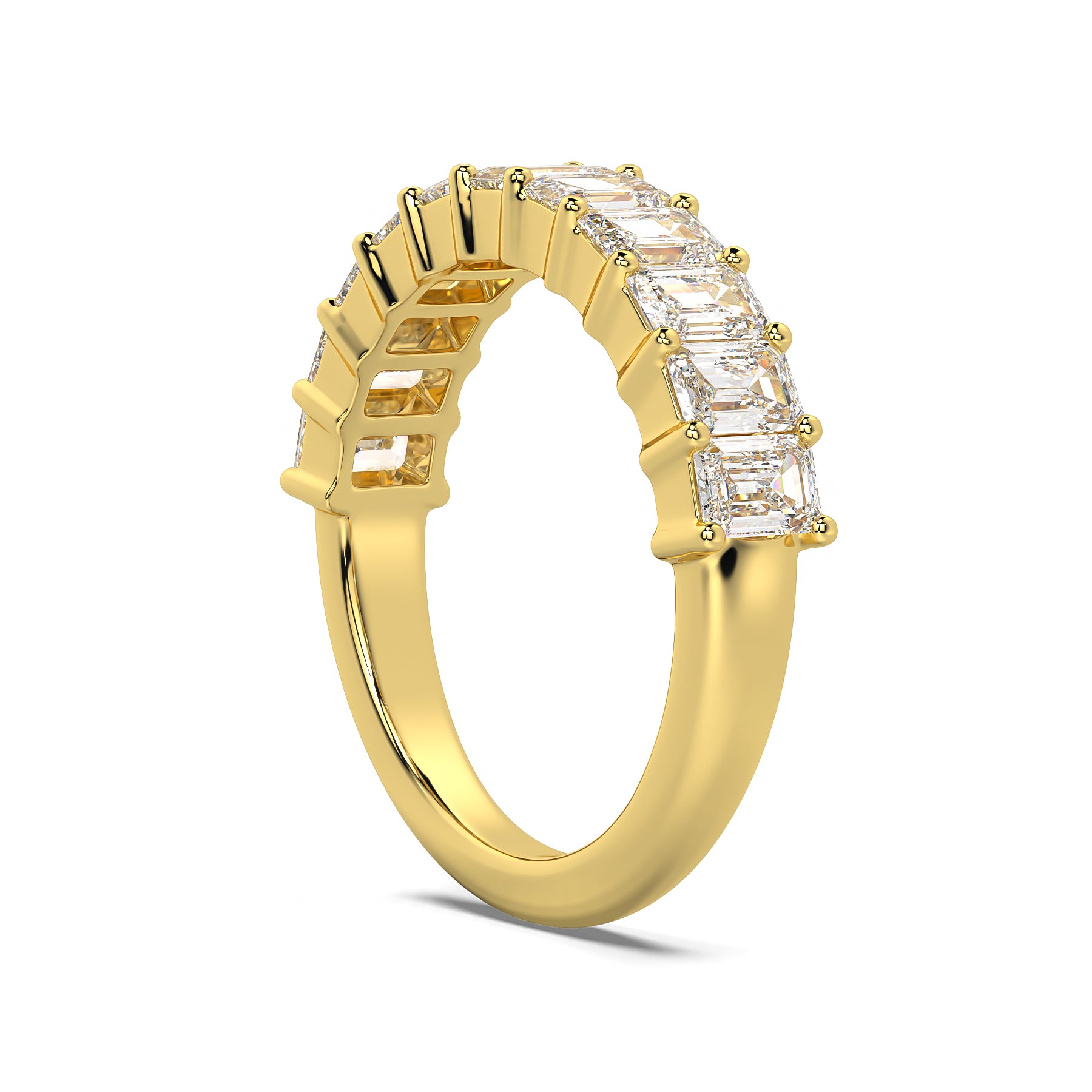 An emerald diamond ring with lab-grown diamonds set in a shared claw setting, crafted in 18ct yellow gold.