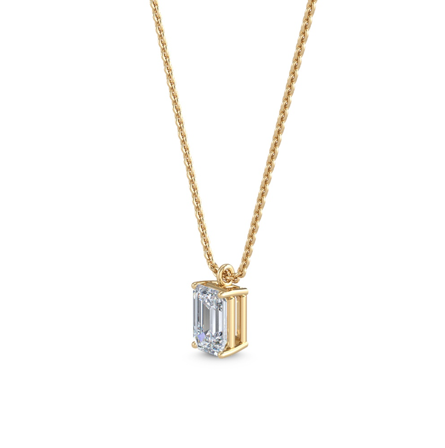 1.00 ct emerald‑cut diamond solitaire pendant in four‑prong basket on an 18 ct gold angled view