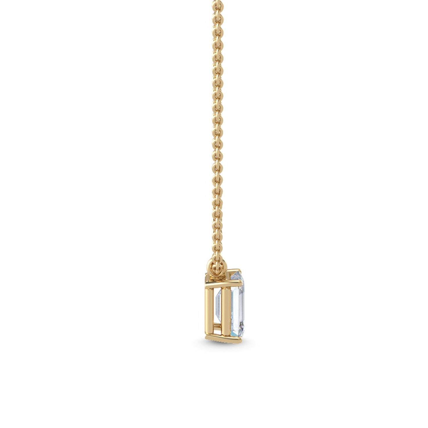 1.00 ct emerald‑cut diamond solitaire pendant in four‑prong basket on an 18 ct gold chain side view