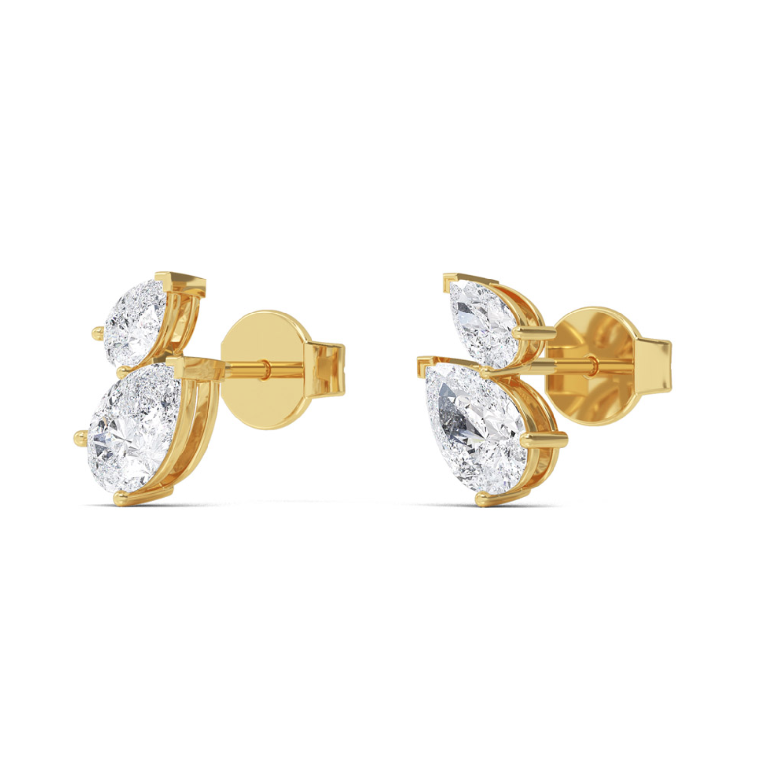 Close-up of dual pear cut diamond setting in 18ct white gold with butterfly back detail.