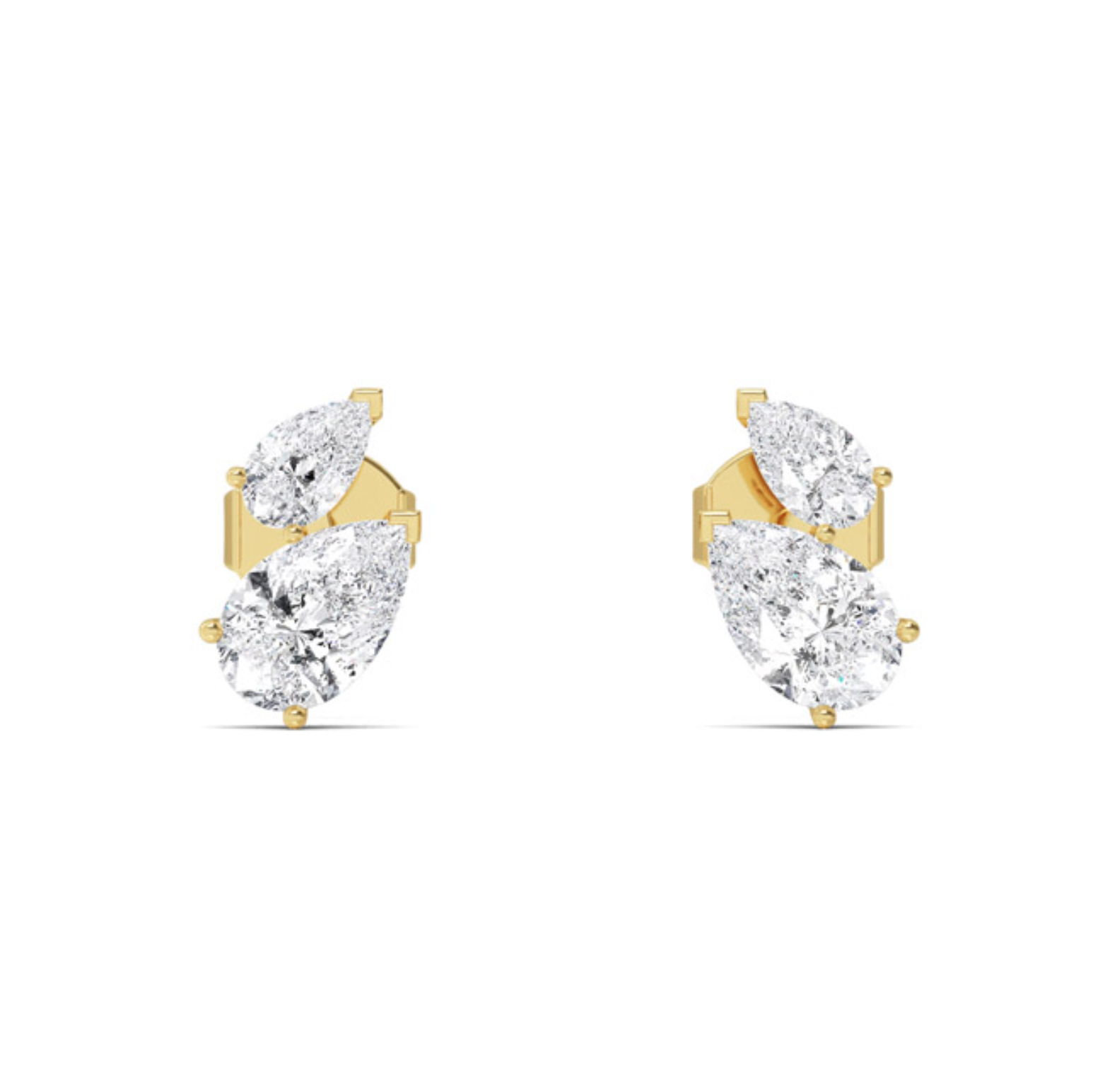 front view of Melissani Pear Cut Duo Stud Earrings in 18ct yellow gold, showing asymmetrical pear diamond pairing.