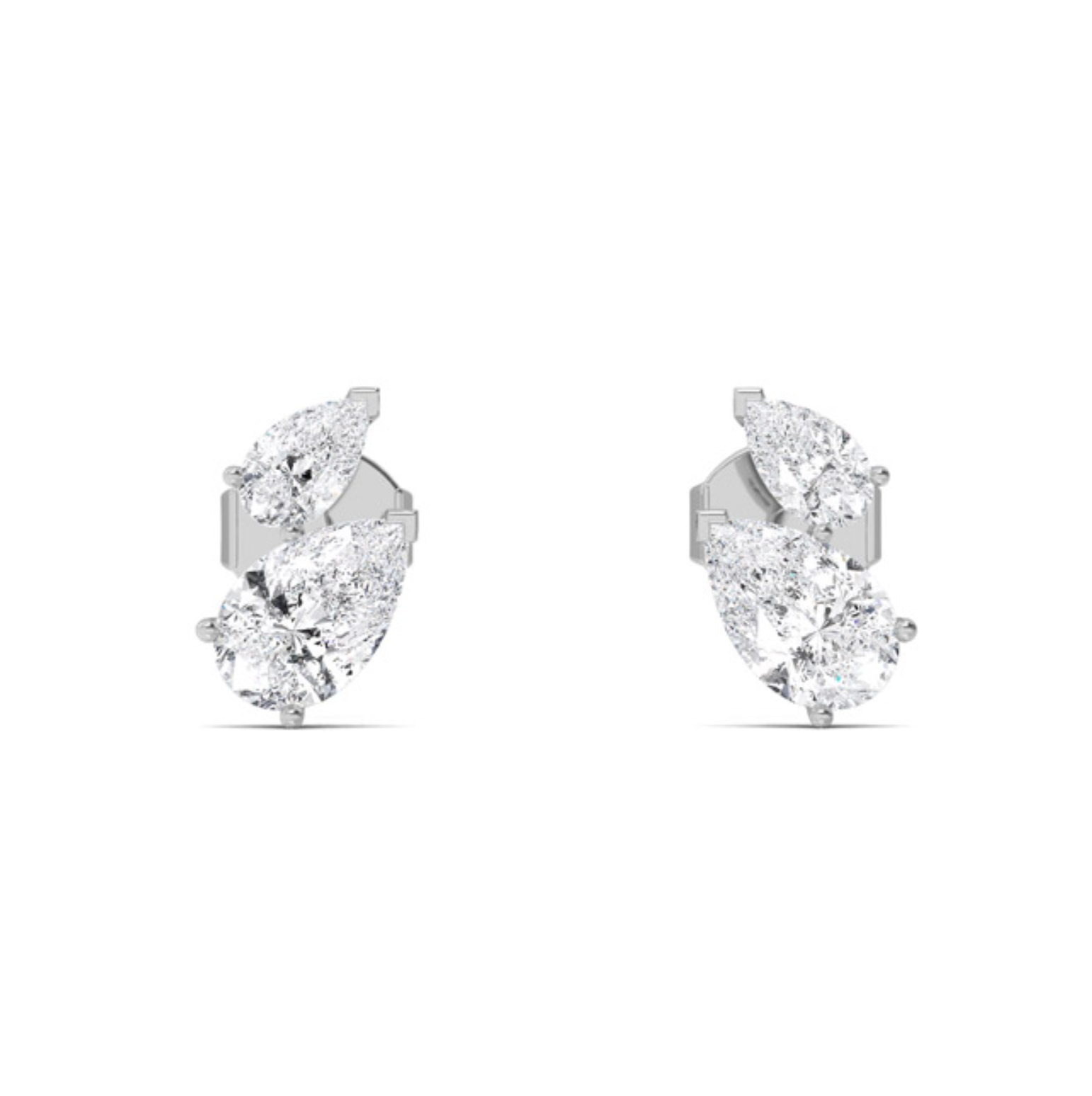 ront view of Melissani Pear Cut Duo Stud Earrings in 18ct white gold, showing asymmetrical pear diamond pairing.