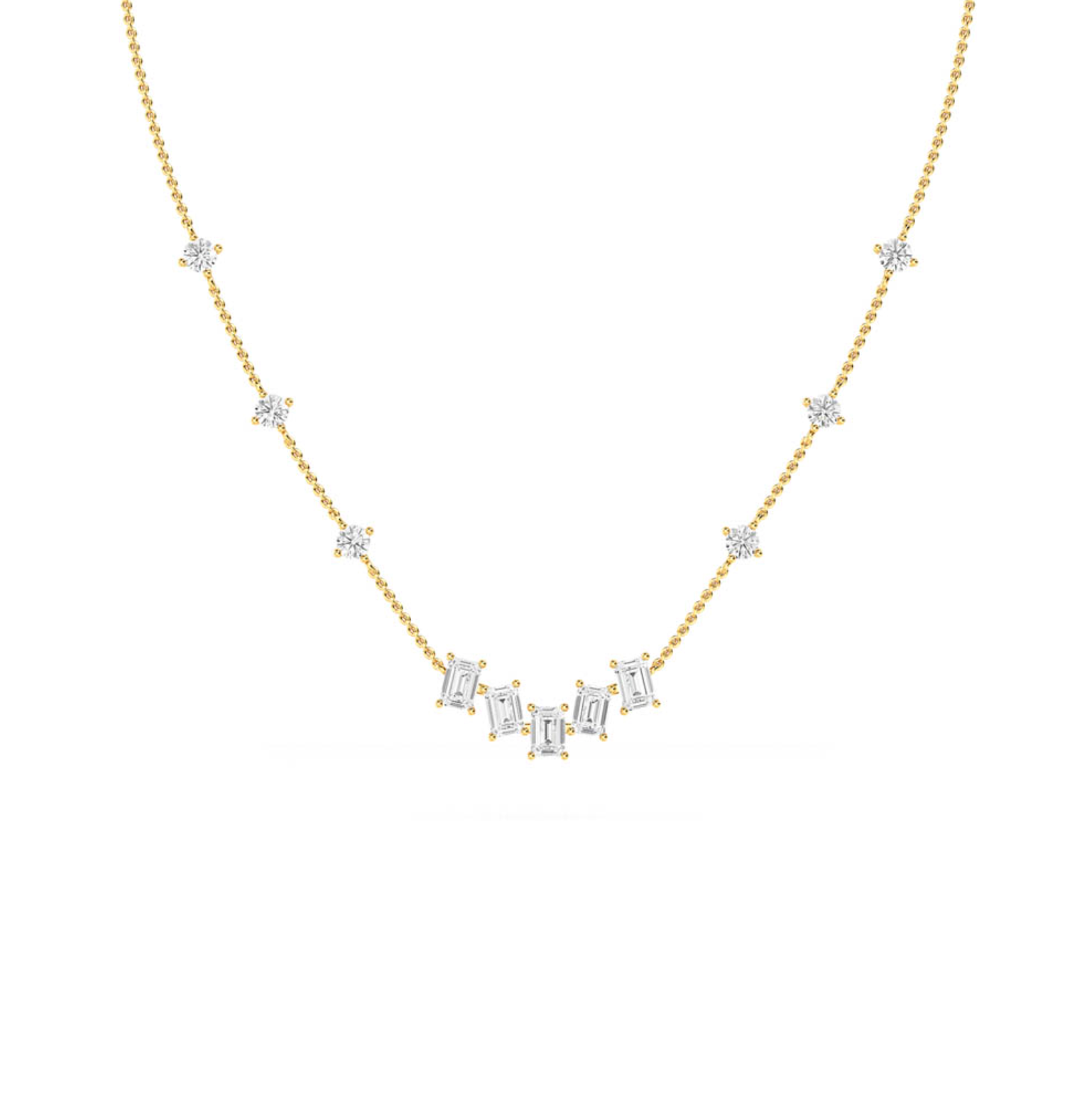 A gold necklace featuring a series of round and emerald cut diamonds.