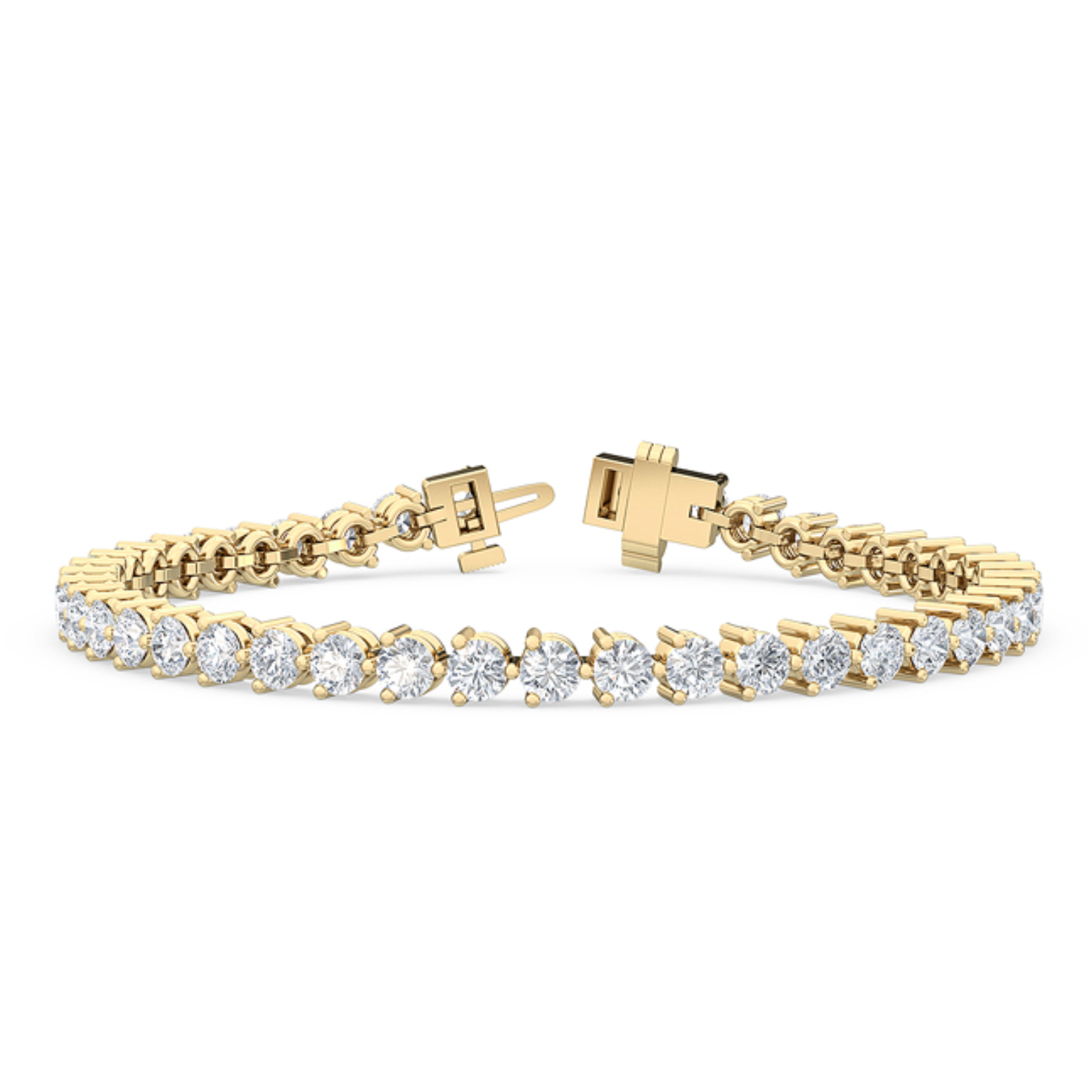 A three-clawed tennis bracelet featuring round brilliant cut diamonds in a 18ct gold bracelet