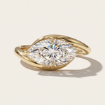 A yellow gold engagement ring concept featuring a 2.01ct marquise cut lab diamond set east-west. A bespoke custom design by MOHSTEN jewellery studio in Auckland, New Zealand.