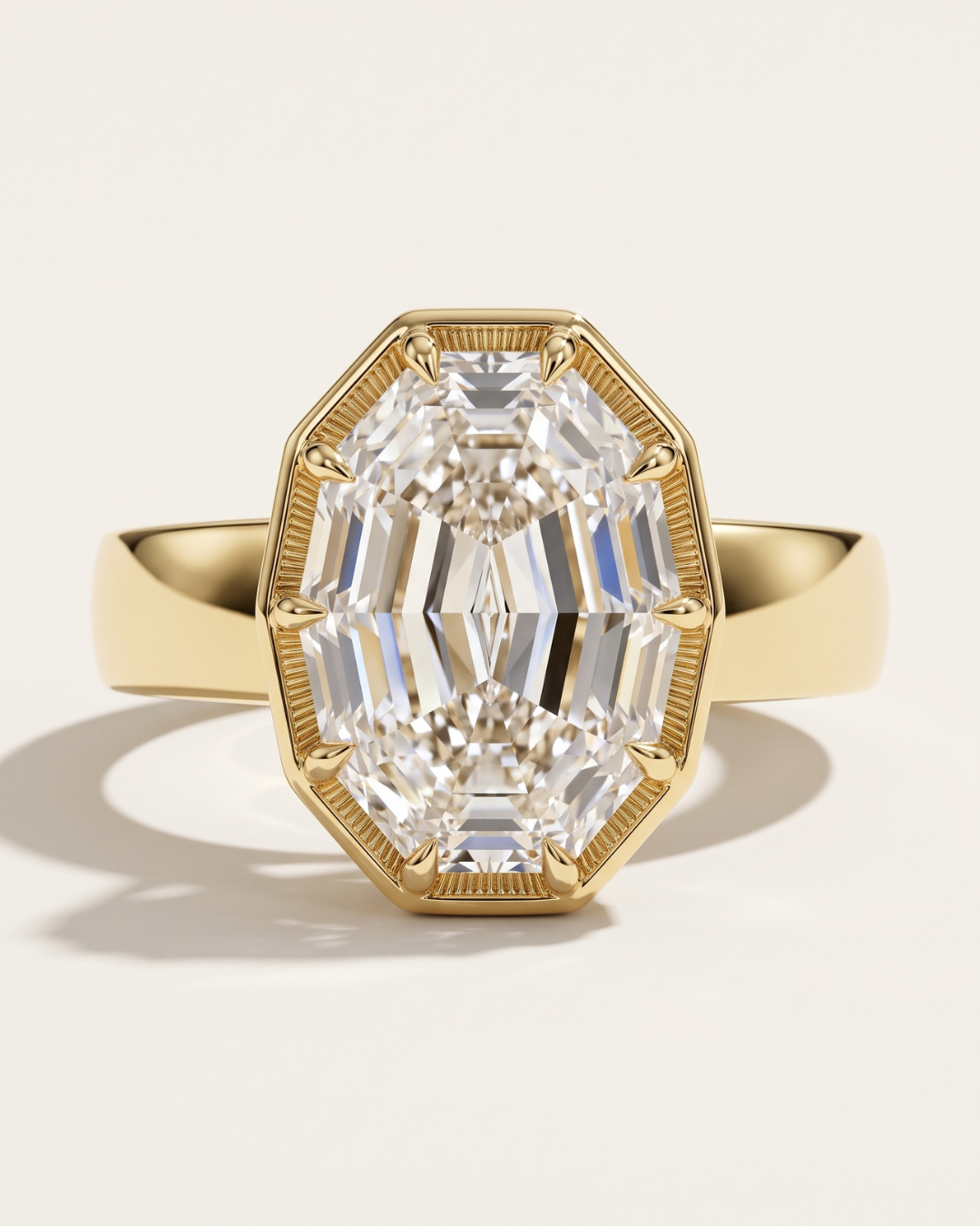 A yellow gold engagement ring concept featuring a 2.09ct oval step cut lab diamond in an architectural setting. A bespoke custom design by MOHSTEN jewellery studio in Auckland, New Zealand.