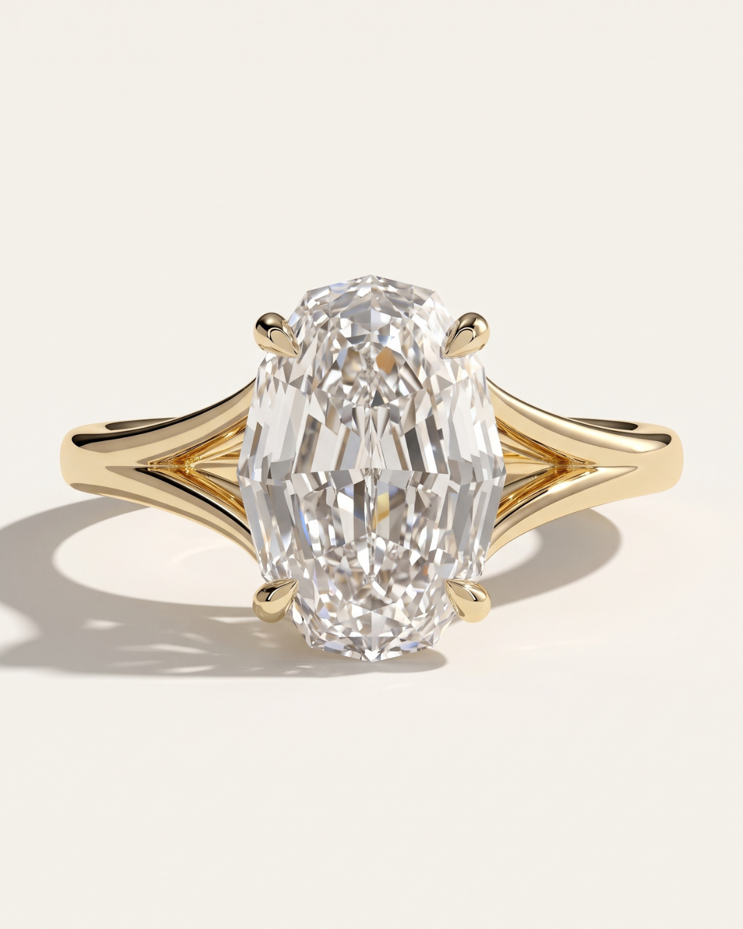 lose-up of a yellow gold engagement ring concept showcasing a 2.09 carat oval step cut lab-grown diamond with a unique split-shank architectural setting. Available for custom commissions at MOHSTEN in Auckland, NZ.