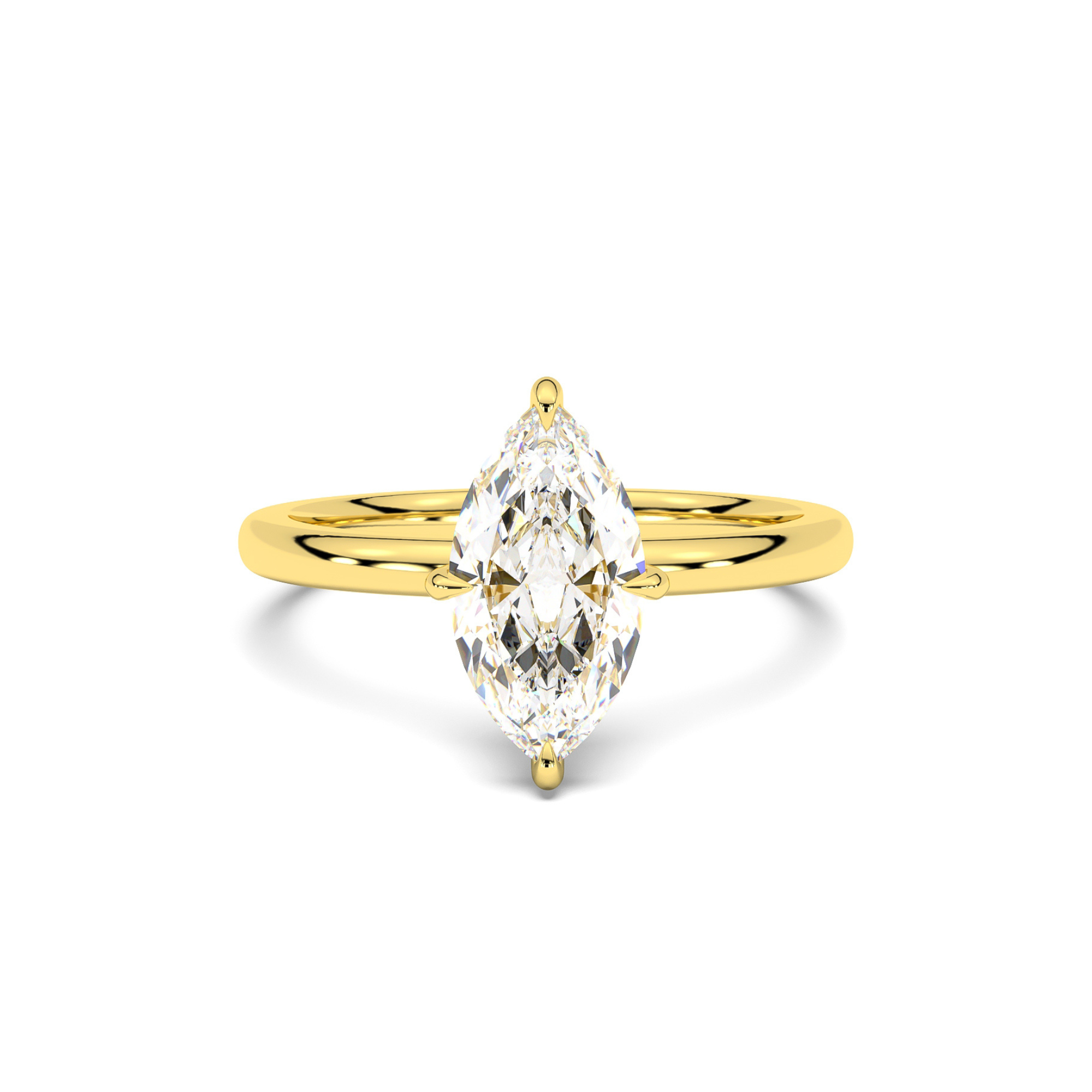 Gold ring with a pear-shaped diamond on a white background