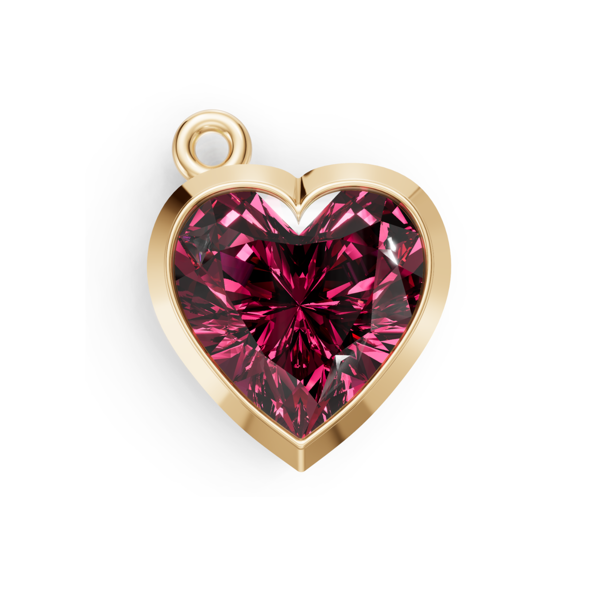 Heart-shaped pendant with red gemstone and gold frame on white background