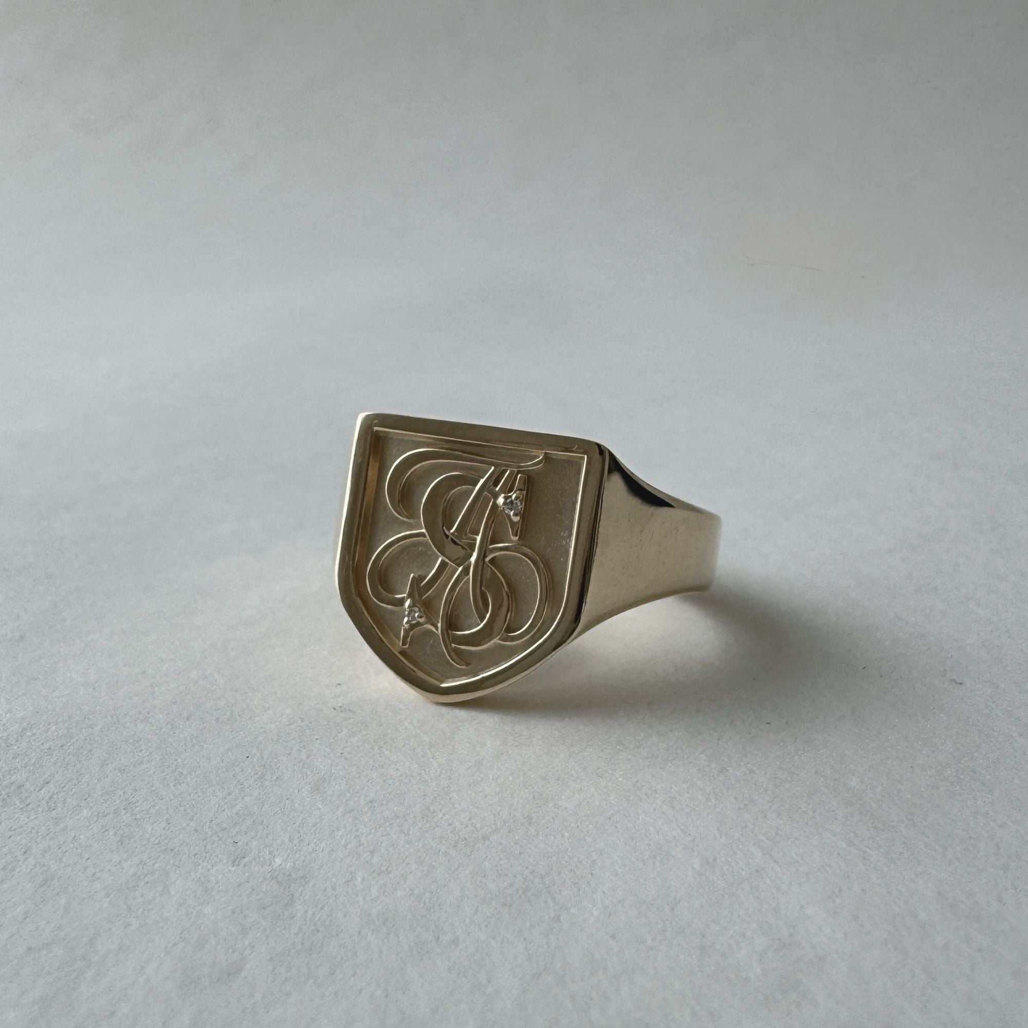 Mens gold signet ring, shield shape and personalised