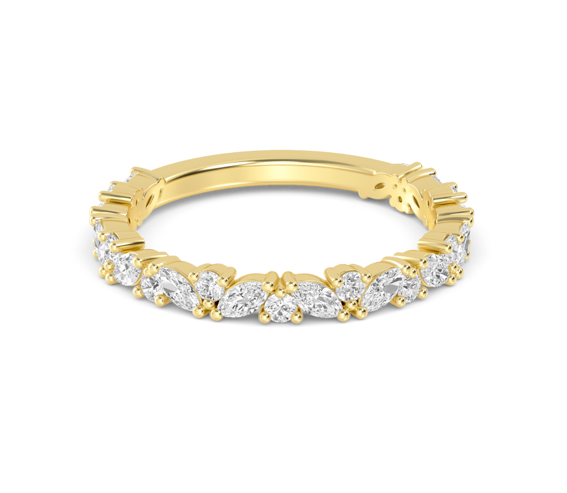 Gold ring with marquise and round shaped diamonds on a white background
