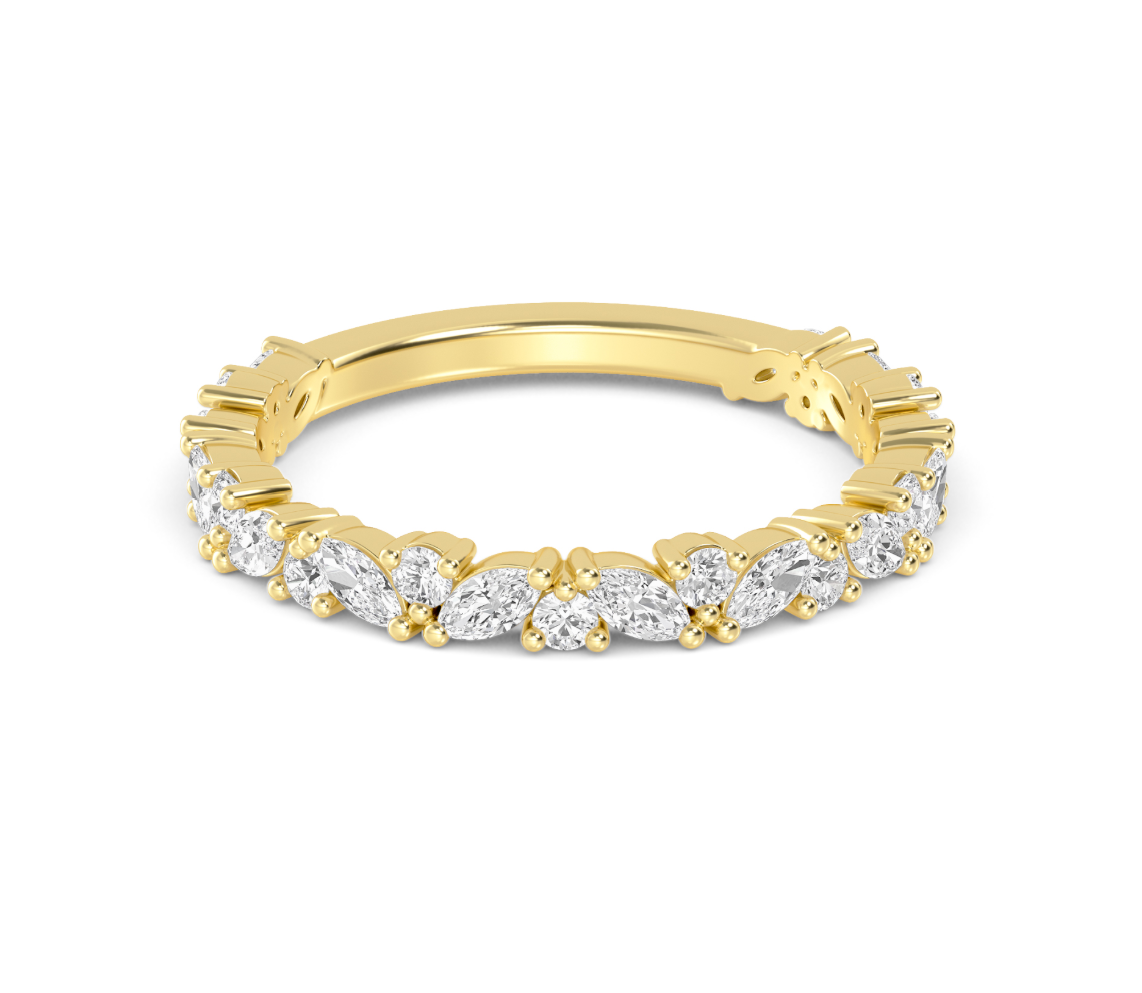 Gold ring with marquise and round shaped diamonds on a white background