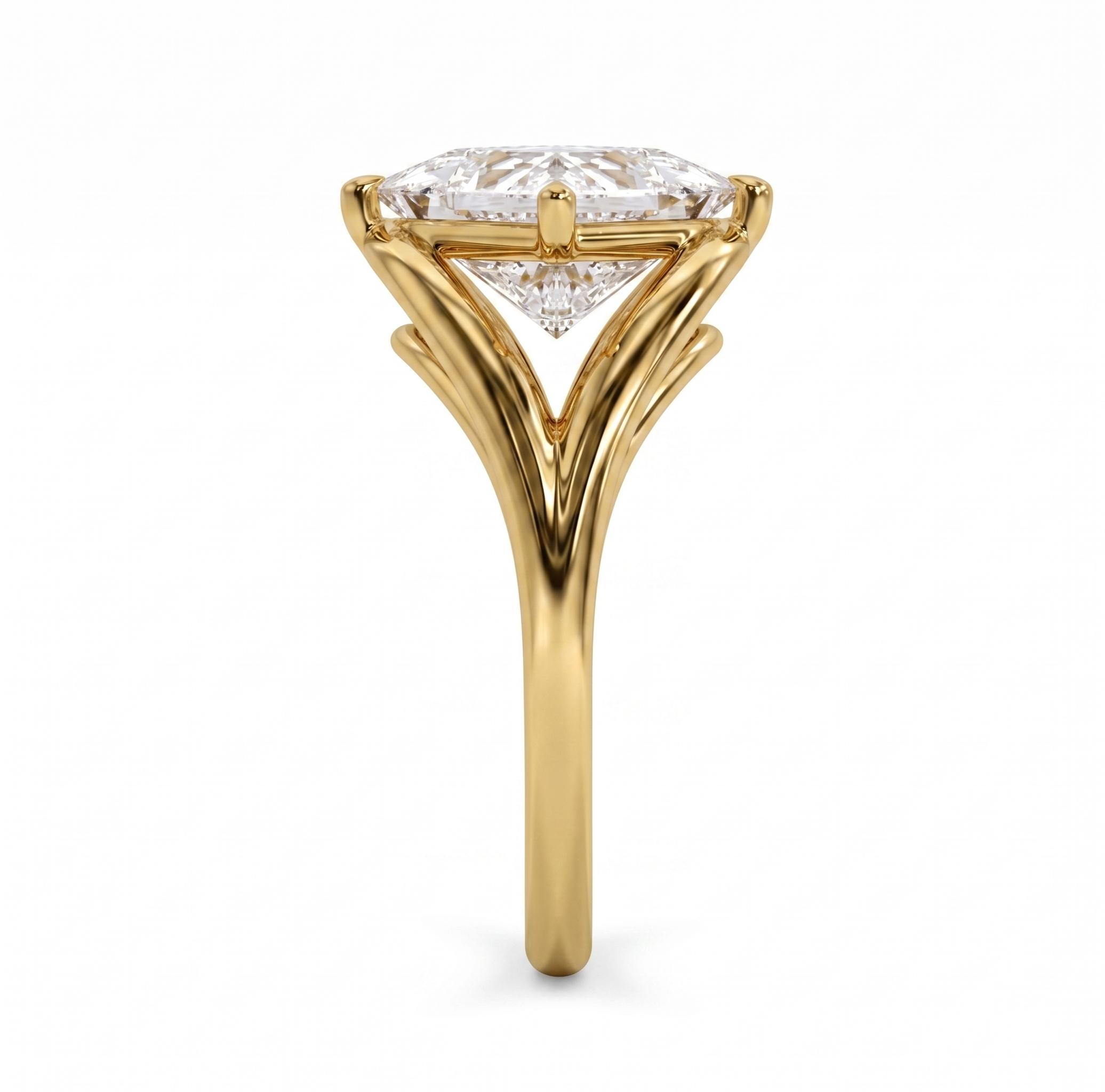 Gold ring with a diamond on a white background