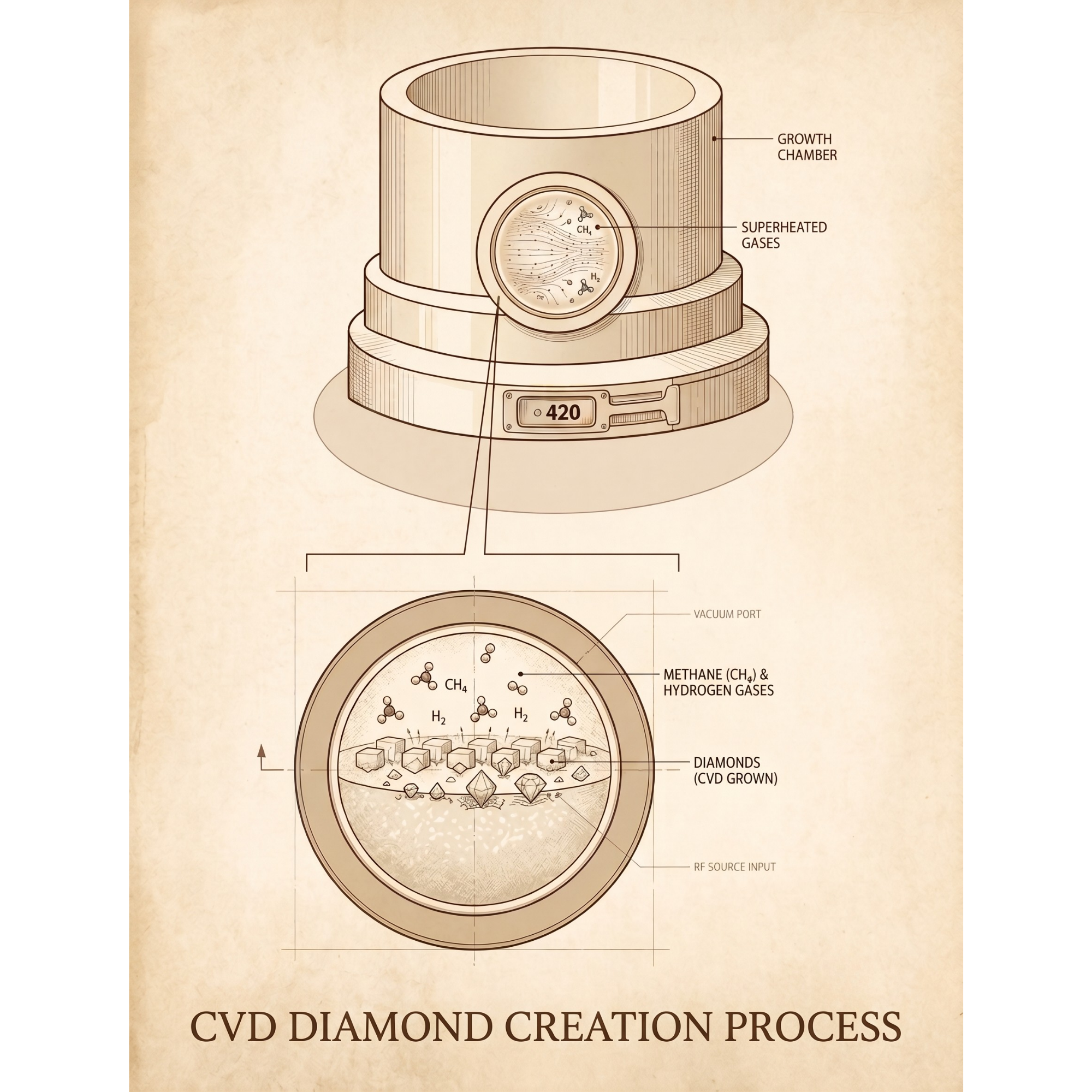 Diagram of the CVD diamond creation process on a beige background
