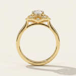 MOHSTEN The Capri vintage scalloped milgrain halo oval engagement ring profile in 18ct yellow gold.
