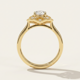 MOHSTEN The Capri vintage scalloped milgrain halo oval engagement ring profile in 18ct yellow gold.