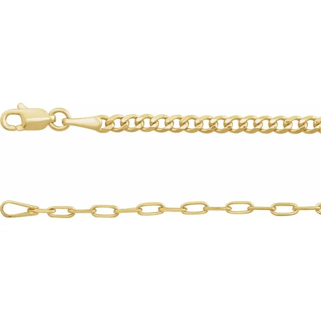 Mix Link Necklace in 14 ct gold with alternating paperclip and curb links on white background
