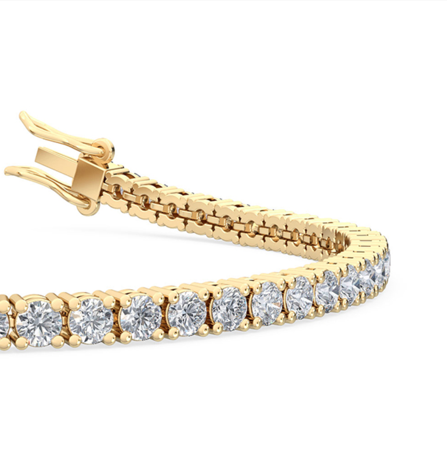 Detail close up of four-claw setting holding round diamond in polished yellow gold