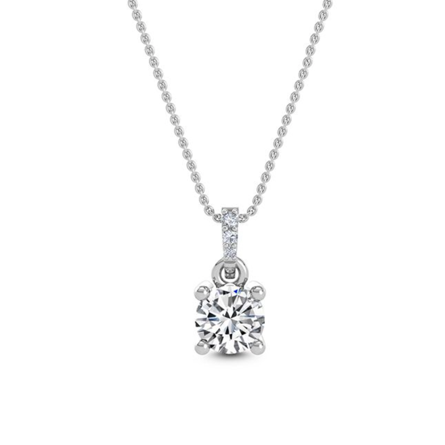 0.75 ct round diamond solitaire pendant in 1 8ct white gold hanging against a white background 