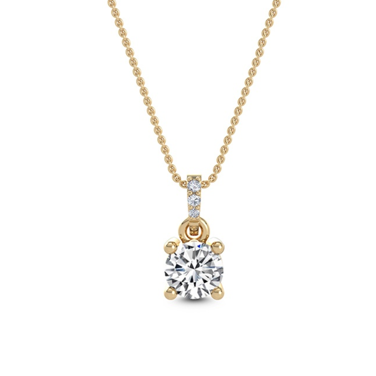 0.75 ct round diamond solitaire pendant in 18 ct gold hanging against a white background
