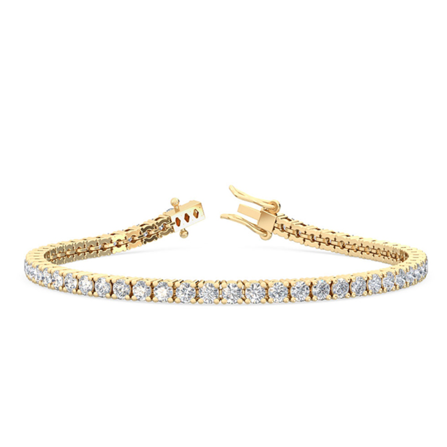 A four claw tennis bracelet set with round brilliant cut diamonds, in a gold color, against a white background.
