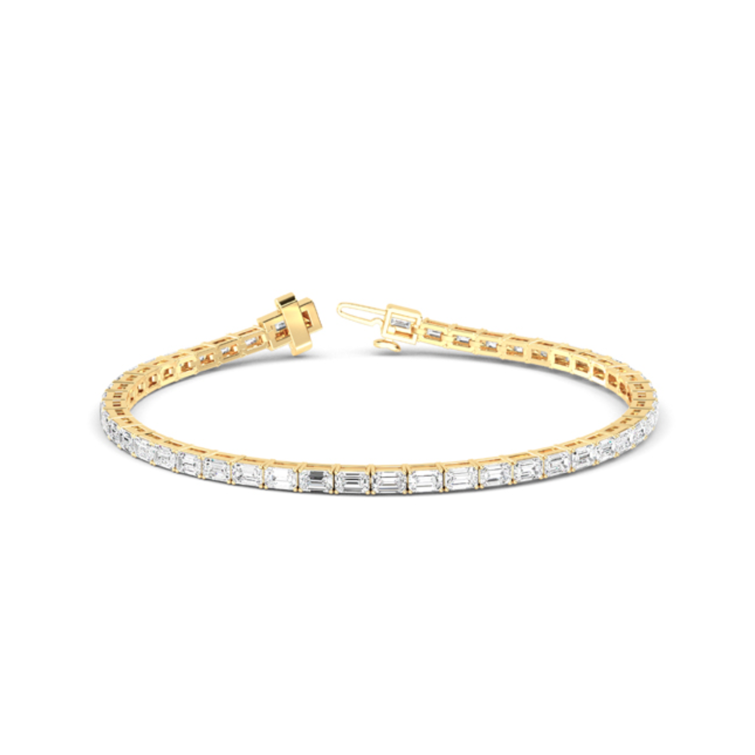 An emerald cut diamond tennis bracelet with a yellow gold clasp and band, featuring multiple diamonds set in a row.
