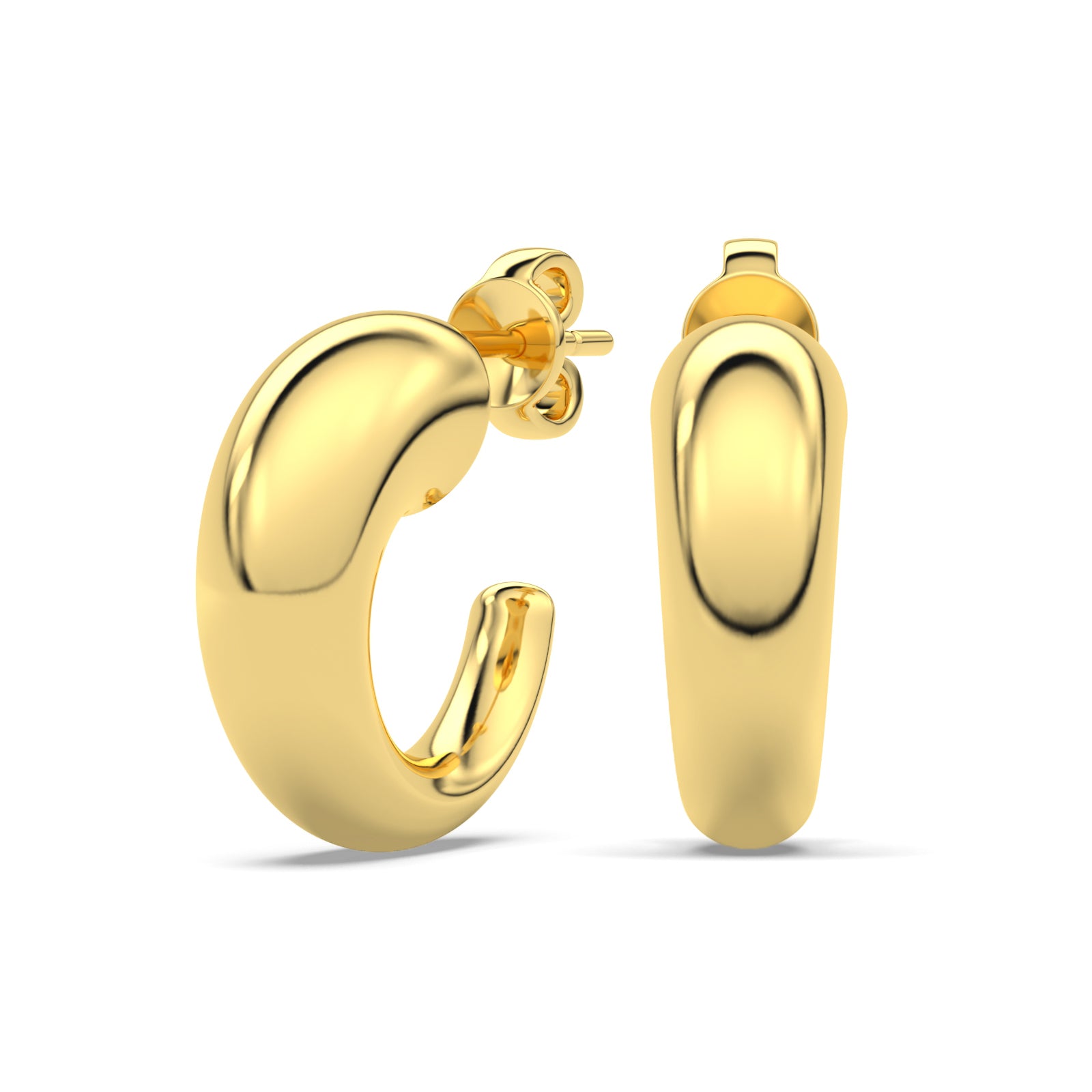 A pair of gold hoop earrings with a high polished finish.