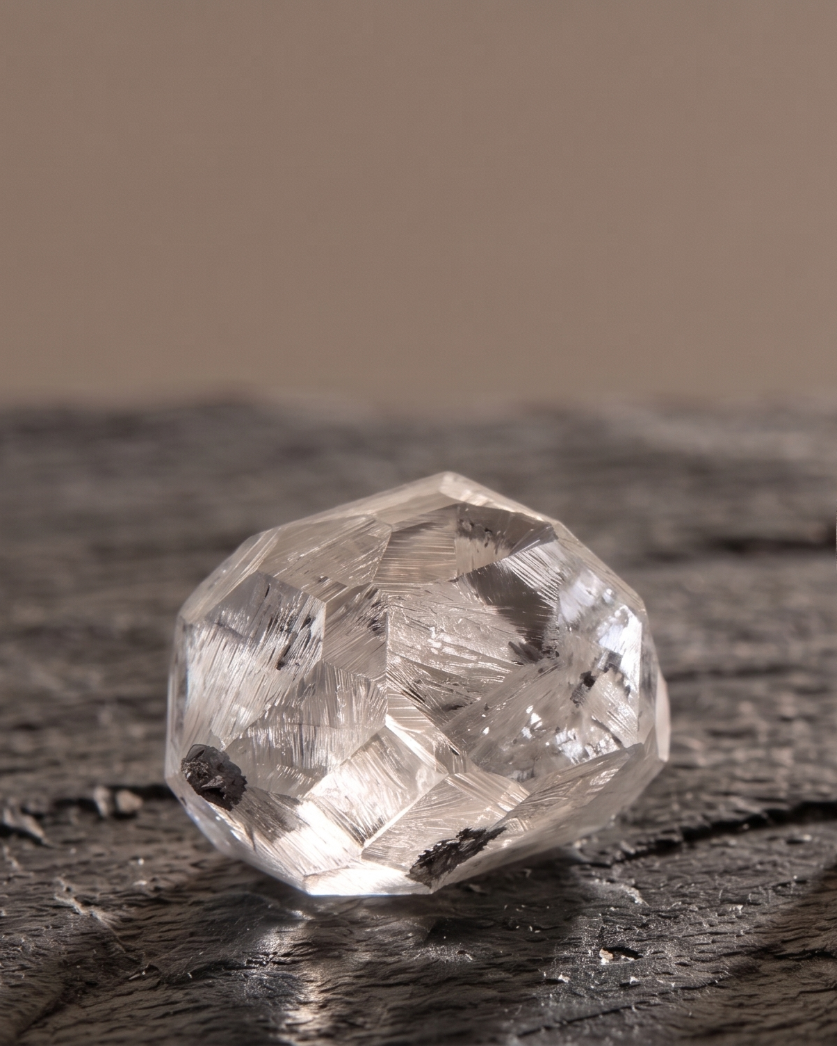Raw diamond and a rough crystal on a wooden surface