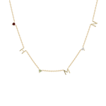 Gold necklace with letter pendants on a white background