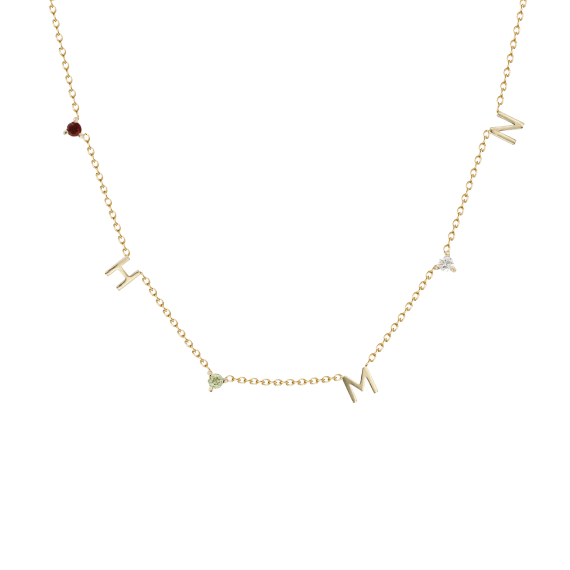 Gold necklace with letter pendants on a white background