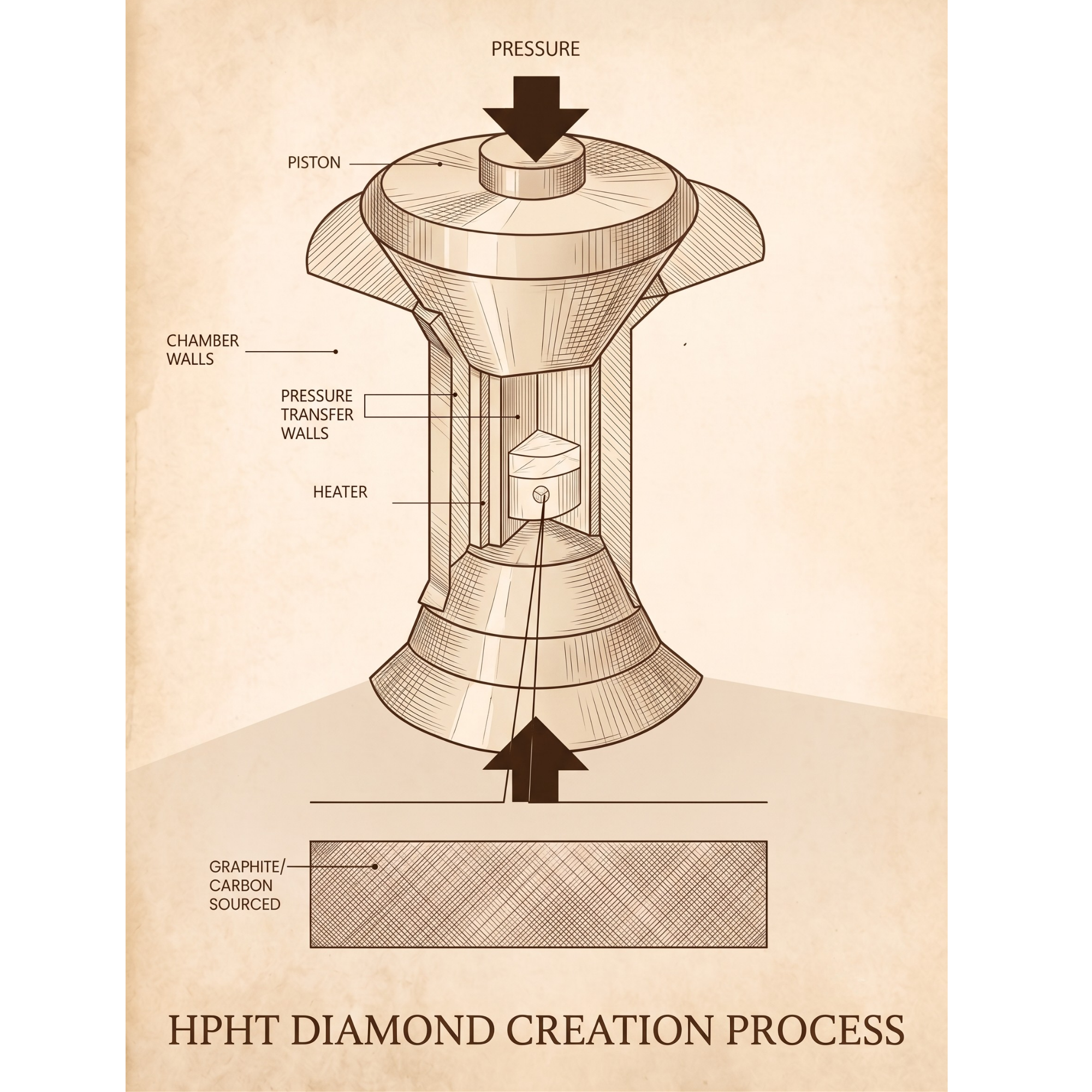 Diagram of the HPHT diamond creation process with labeled parts on a beige background.