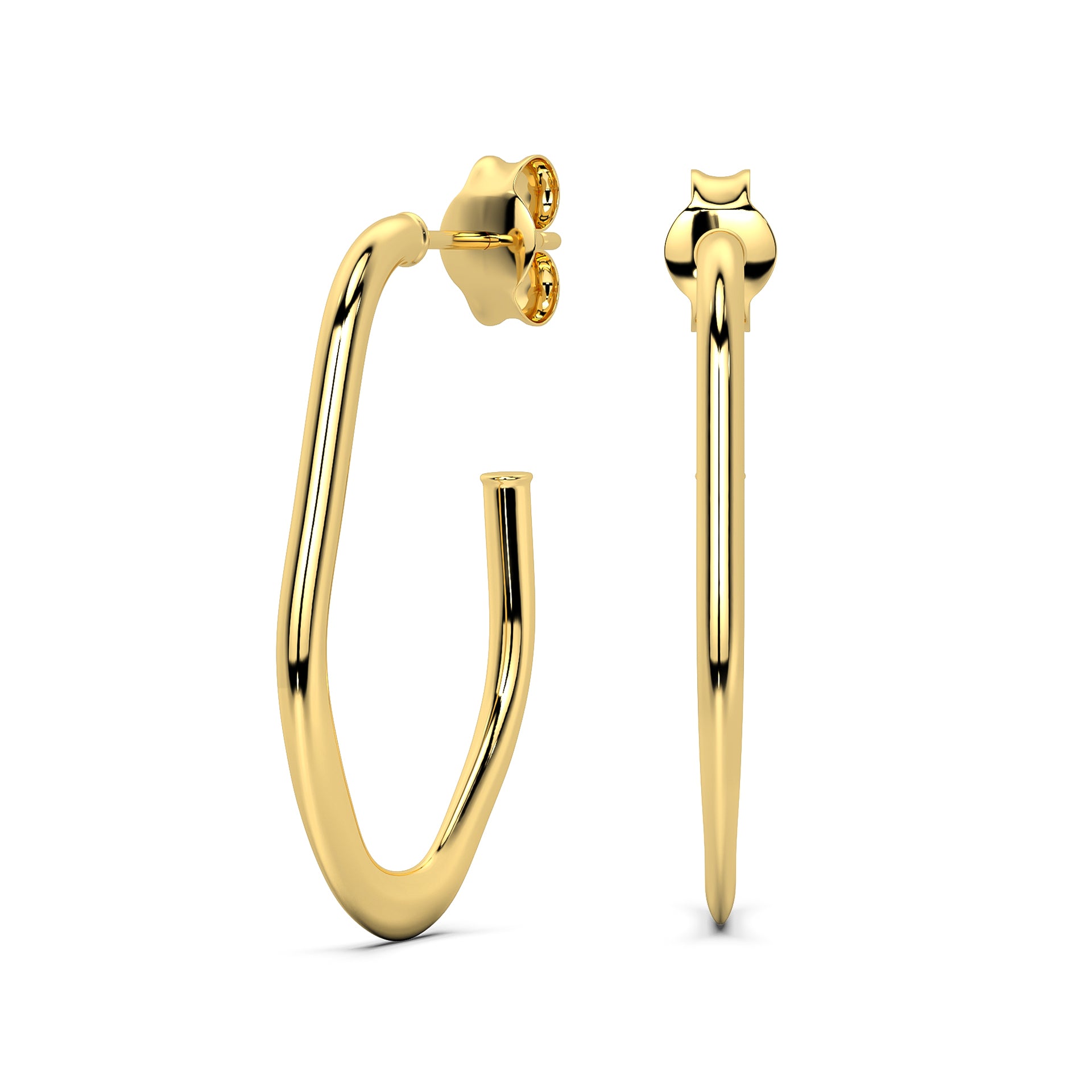 A pair of gold hoop earrings with a polished finish on a white background.