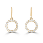 A pair of gold drop earrings featuring round brilliant-cut diamonds